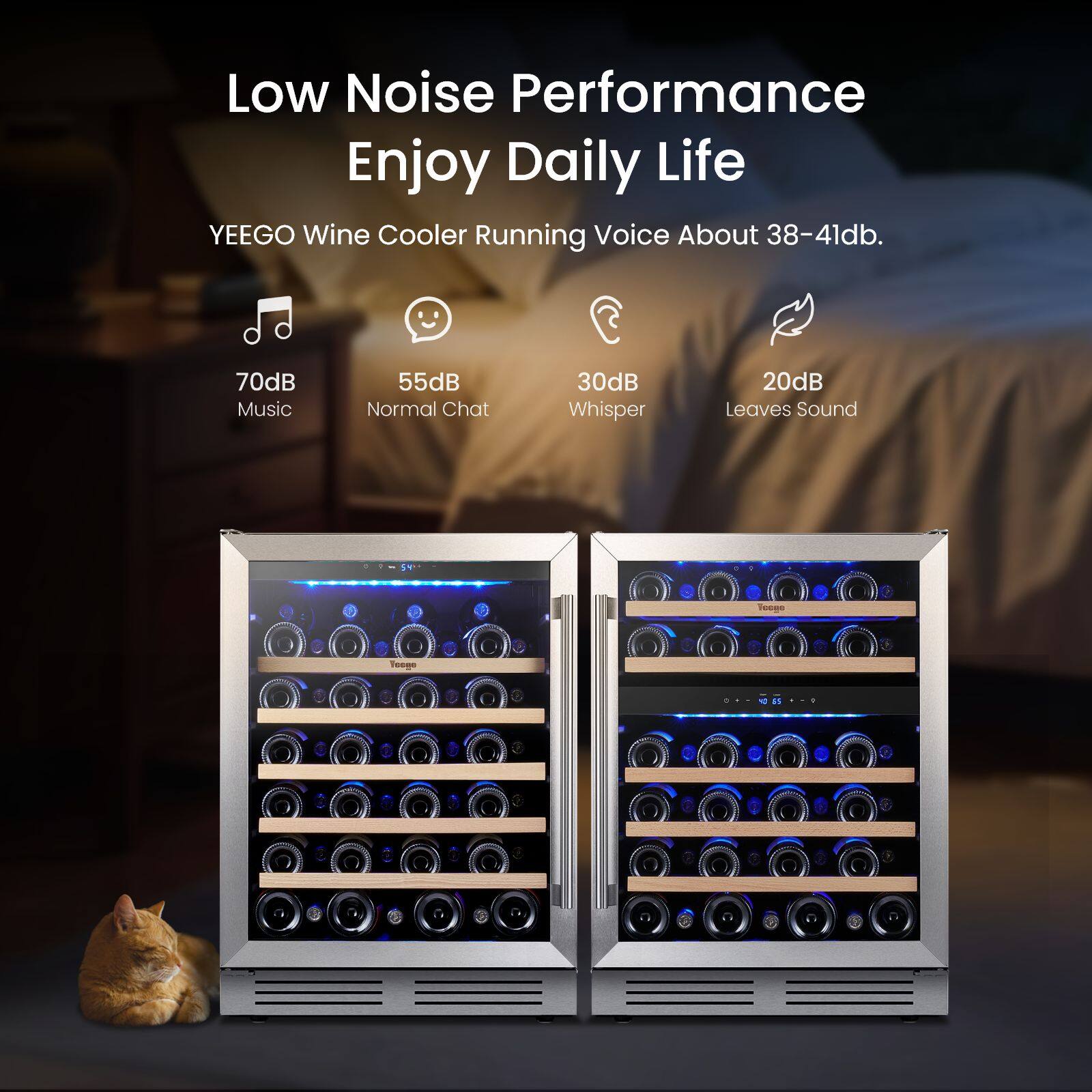 Low Noise Performance Enjoy Daily Life  
YEEGO Wine Cooler Running Voice About 38-41db.  
70dB Music  
55dB Normal Chat  
30dB Whisper  
20dB Leaves Sound