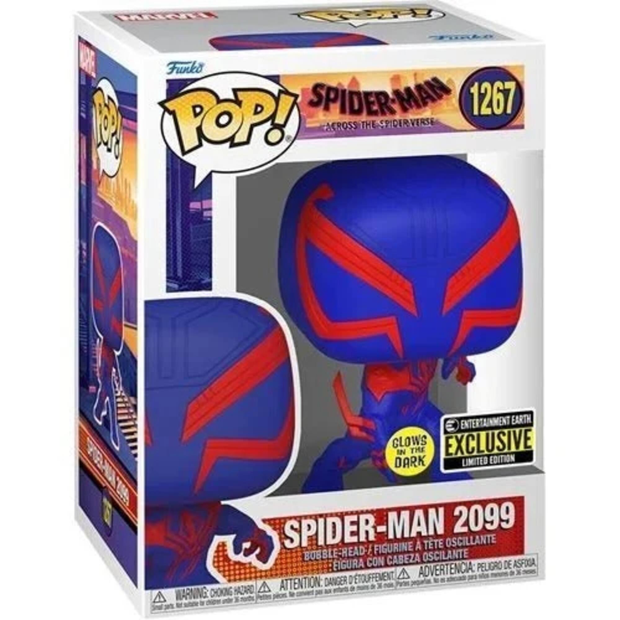 MARVEL  
Funko SPIDER-MAN 1267 !!! POP! ACROSS THE SPIDERVERSE  
ENTERTAINMENT EARTH GLOWS EXCLUSIVE IN THE DARK LIMITED EDITION SPIDER-MAN 2099 FIGURINE A TTE OSCILLANTE BUBBLE-HEAD- CON CABEZA OSCILANTE ASFOXIA EIGURA PELIGRO DE TOUFFEMENT ADVERTENCIA: ATTENTION: DANGER WARNING: HAZARD