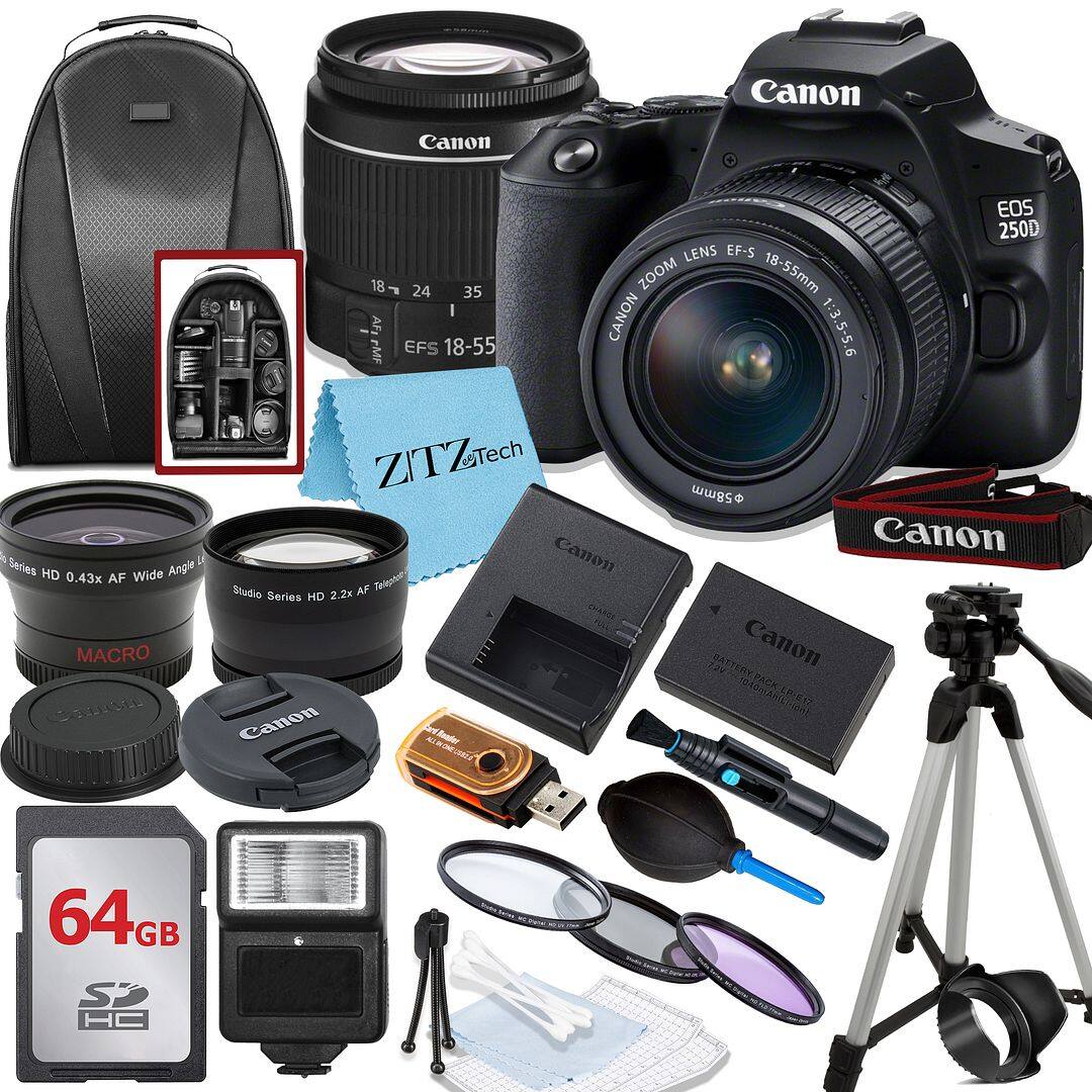 Canon - EOS 250D / SL3 DSLR Camera with 18-55 Lens + 64GB Card + Flash + ZeeTech Bundle (International Version) - Black