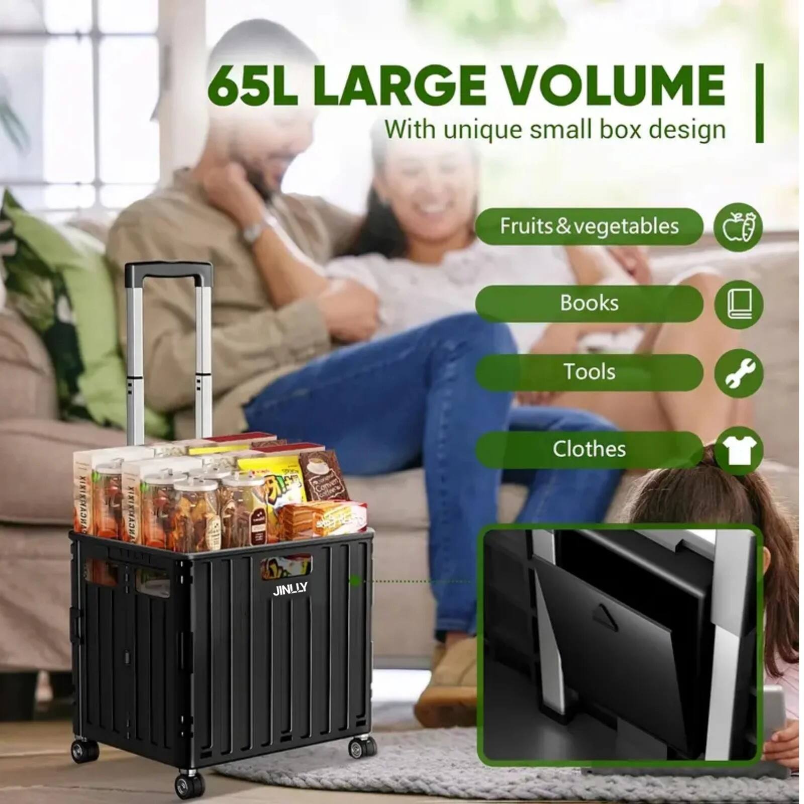 65L LARGE VOLUME  
With unique small box design  

Fruits & vegetables  
Books  
Tools  
Clothes