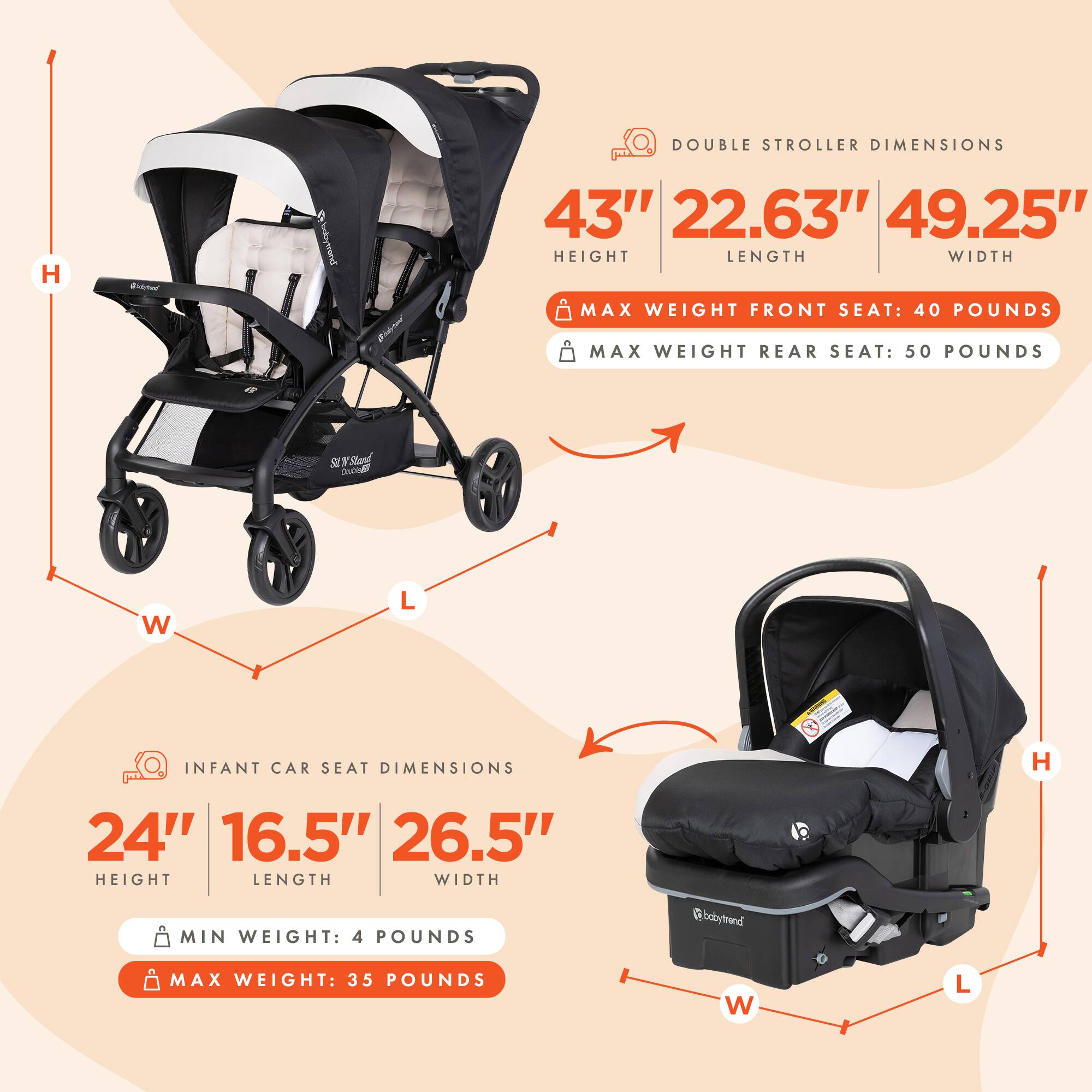 DOUBLE STROLLER DIMENSIONS  
HEIGHT: 43"  
LENGTH: 22.63"  
WIDTH: 49.25"  
MAX WEIGHT FRONT SEAT: 40 POUNDS  
MAX WEIGHT REAR SEAT: 50 POUNDS  

INFANT CAR SEAT DIMENSIONS  
HEIGHT: 24"  
LENGTH: 16.5"  
WIDTH: 26.5"  
MIN WEIGHT: 4 POUNDS  
MAX WEIGHT: 35 POUNDS