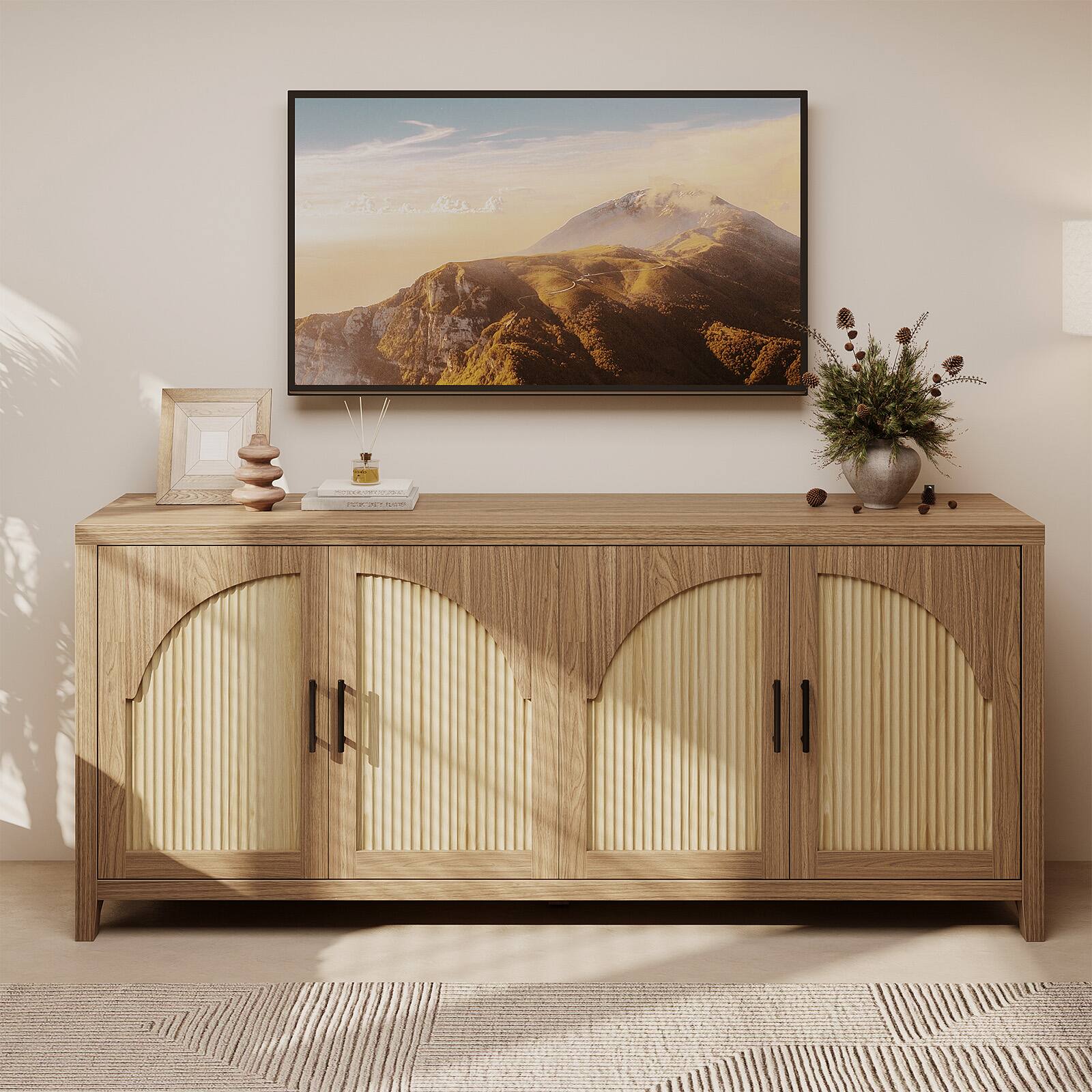 Left. Bestier - 70" Modern TV Stand for TVs up to 75", Wood Media Console with 4 Fluted Curved Doors - brown oak.