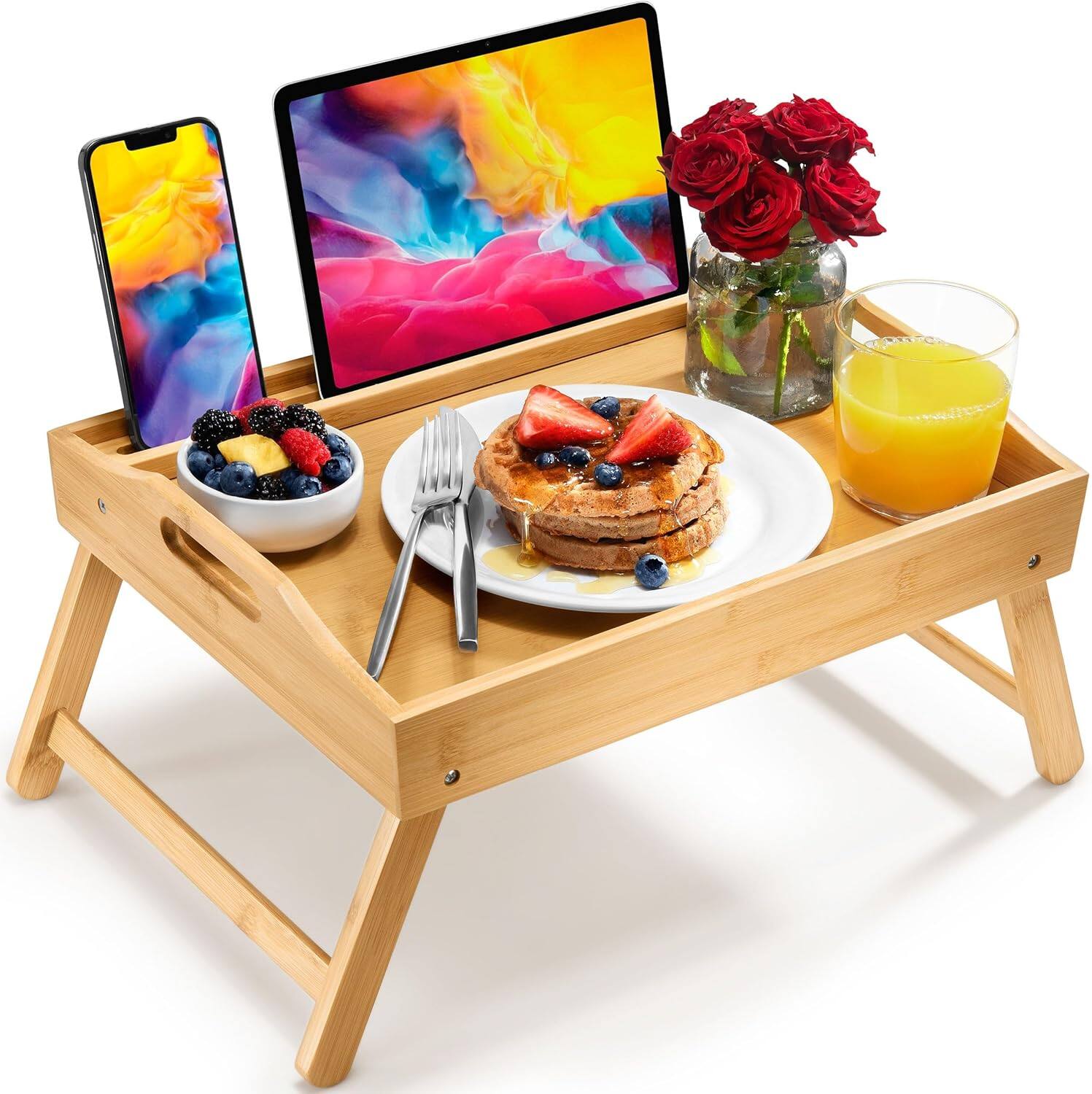 Front. Home It - Bamboo Bed Tray with Folding Legs, Laptop and Tablet Holder, Handles - Breakfast Tray for Eating, Sofa, Couch, or Work - BEIGE.