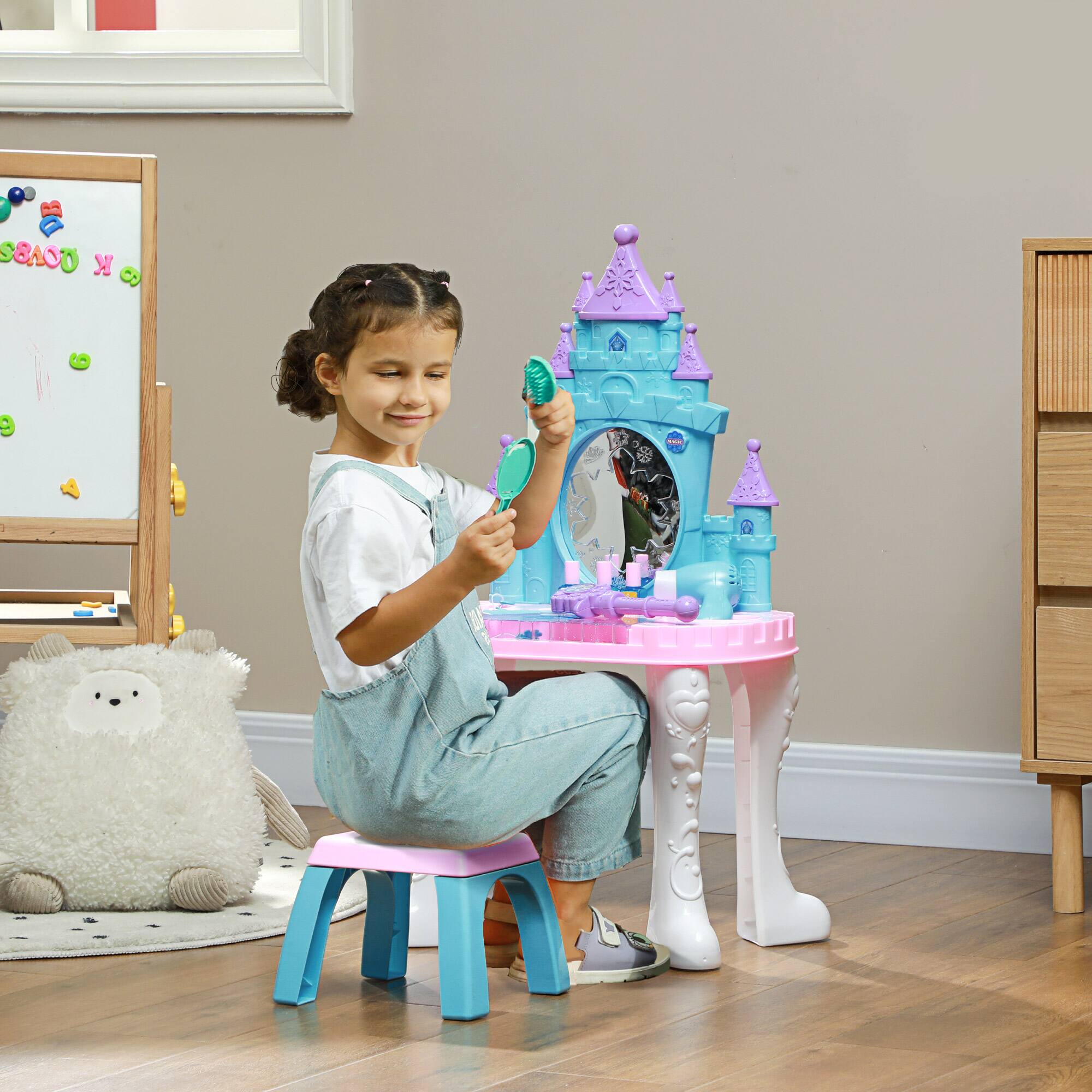 Angle. Qaba - Kids Vanity Set with Mirror and Stool, Castle Design Makeup Table with Light, Music, Hair Dryer, 18 Accessories.