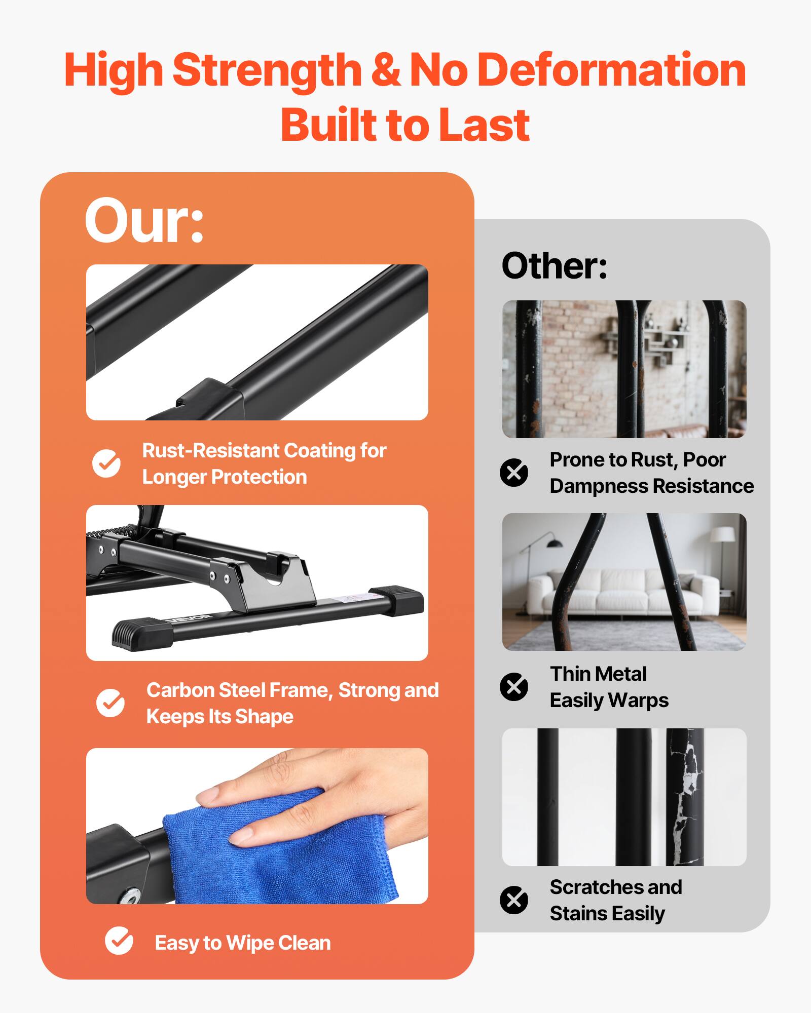 High Strength & No Deformation  
Built to Last  

Our:  
- Rust-Resistant Coating for Longer Protection  
- Carbon Steel Frame, Strong and Keeps Its Shape  
- Easy to Wipe Clean  

Other:  
- Prone to Rust, Poor Dampness Resistance  
- Thin Metal Easily Warps  
- Scratches and Stains Easily