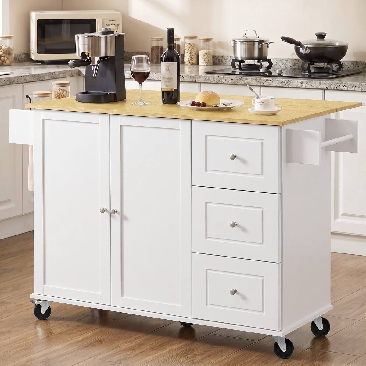 Front. Loheer - Loheer 52.7 inch rolling kitchen island Drop Leaf Kitchen Cart White - White.