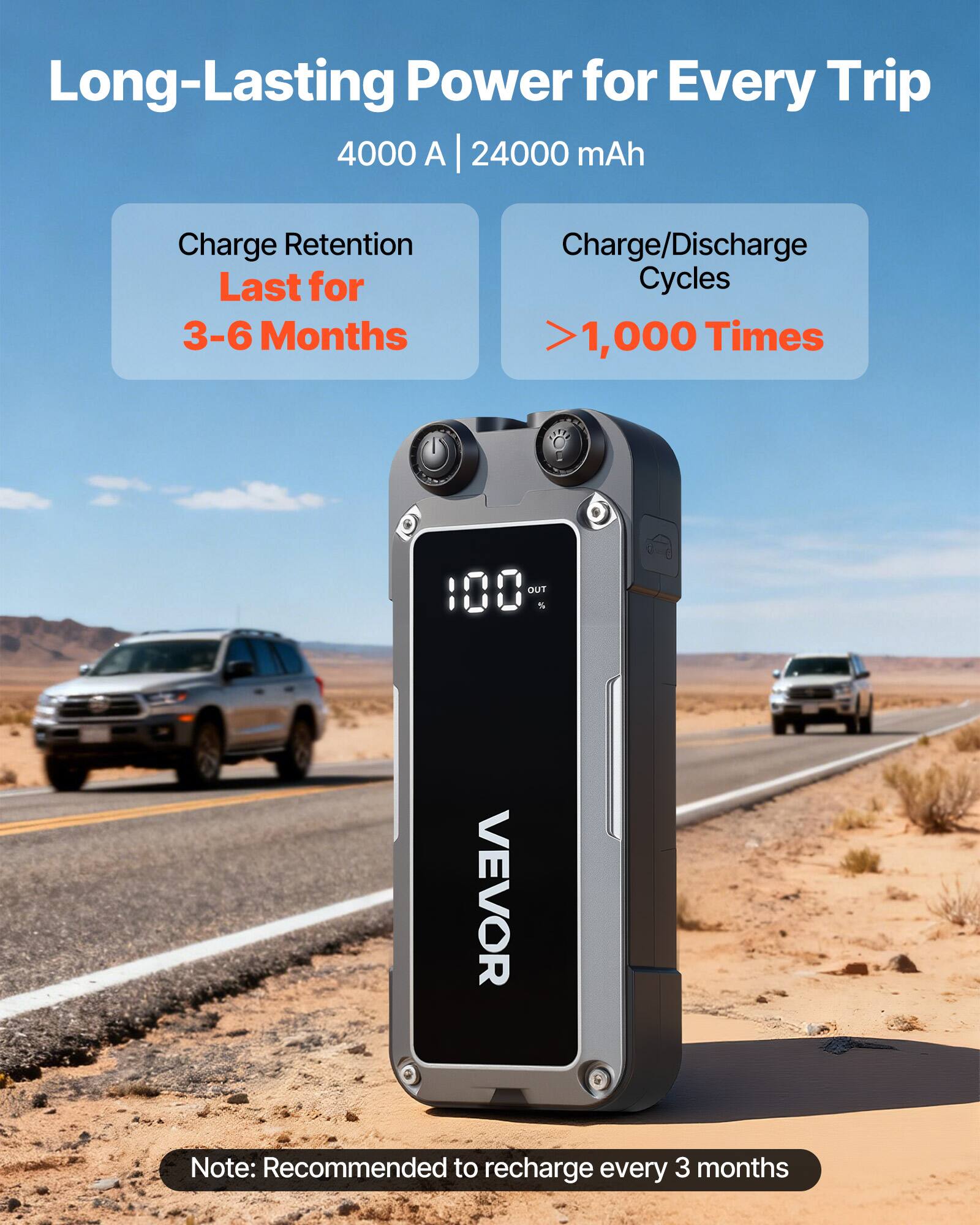 Long-Lasting Power for Every Trip  
4000 A | 24000 mAh  

Charge Retention  
Last for 3-6 Months  

Charge/Discharge Cycles  
>1,000 Times  

Note: Recommended to recharge every 3 months