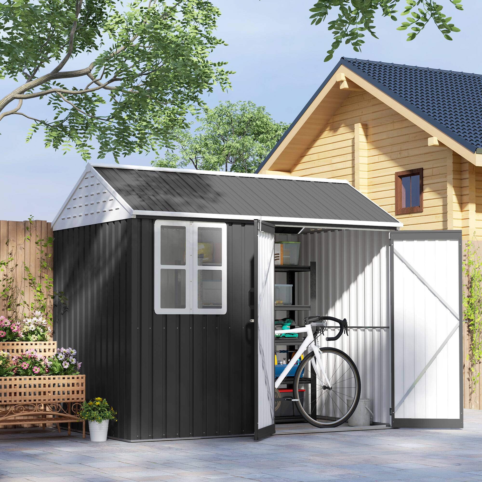 Alt View 1. Outsunny - 8' x 6' Outdoor Storage Shed, Metal Garden Shed with Window & Double Lockable Door, Outdoor Tool Shed Storage.