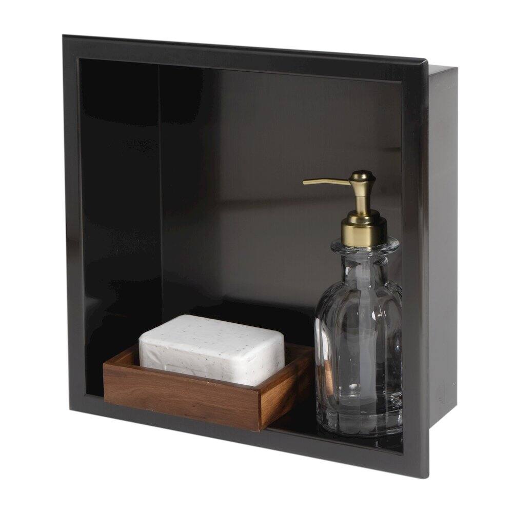Back. Alfi - 12" x 12" Brushed Black PVD Stainless Steel Square Single Shelf Shower Niche - Black.
