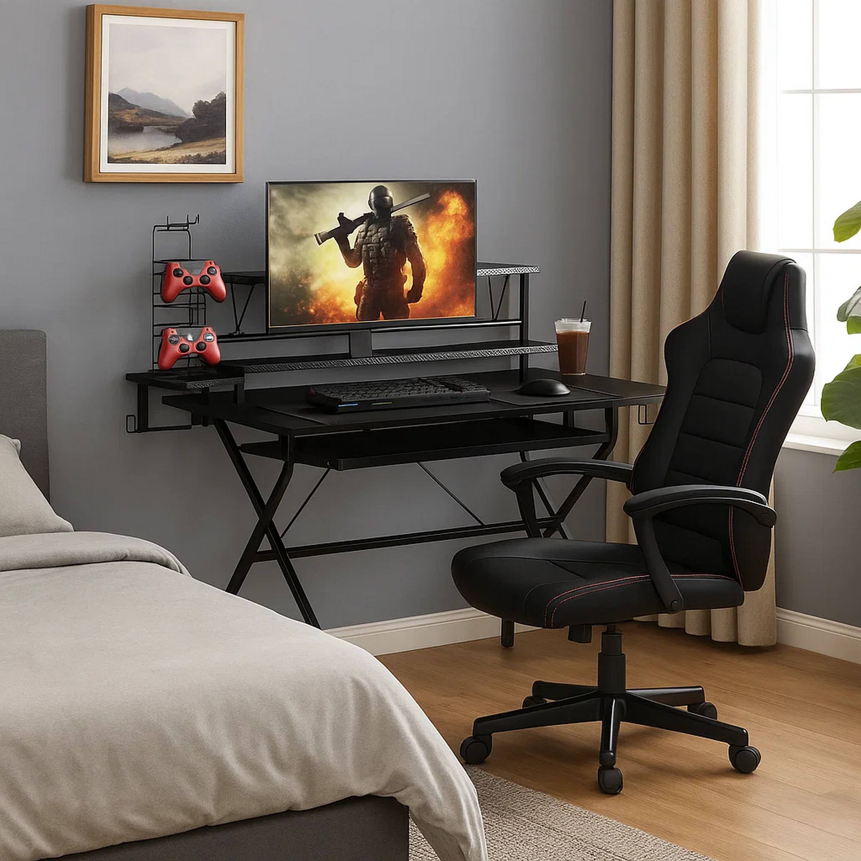 Alt View 3. Manhattan Lane - Tubular Metal Frame Computer Desk with 2 Shelves and Cup Holder, Black - Black.