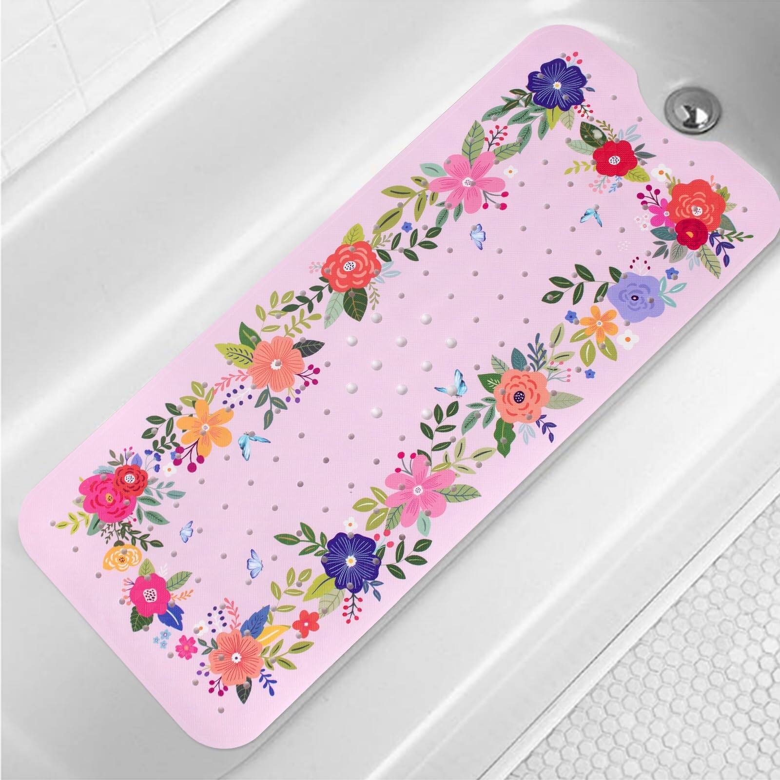 Paradigms Interiors - Bohemia Floral Bathtub Mat Non Slip For Extra Long Anti Bath Tub Boho Flower Shower With Large Drain Holes And Suction C - Pink Floral