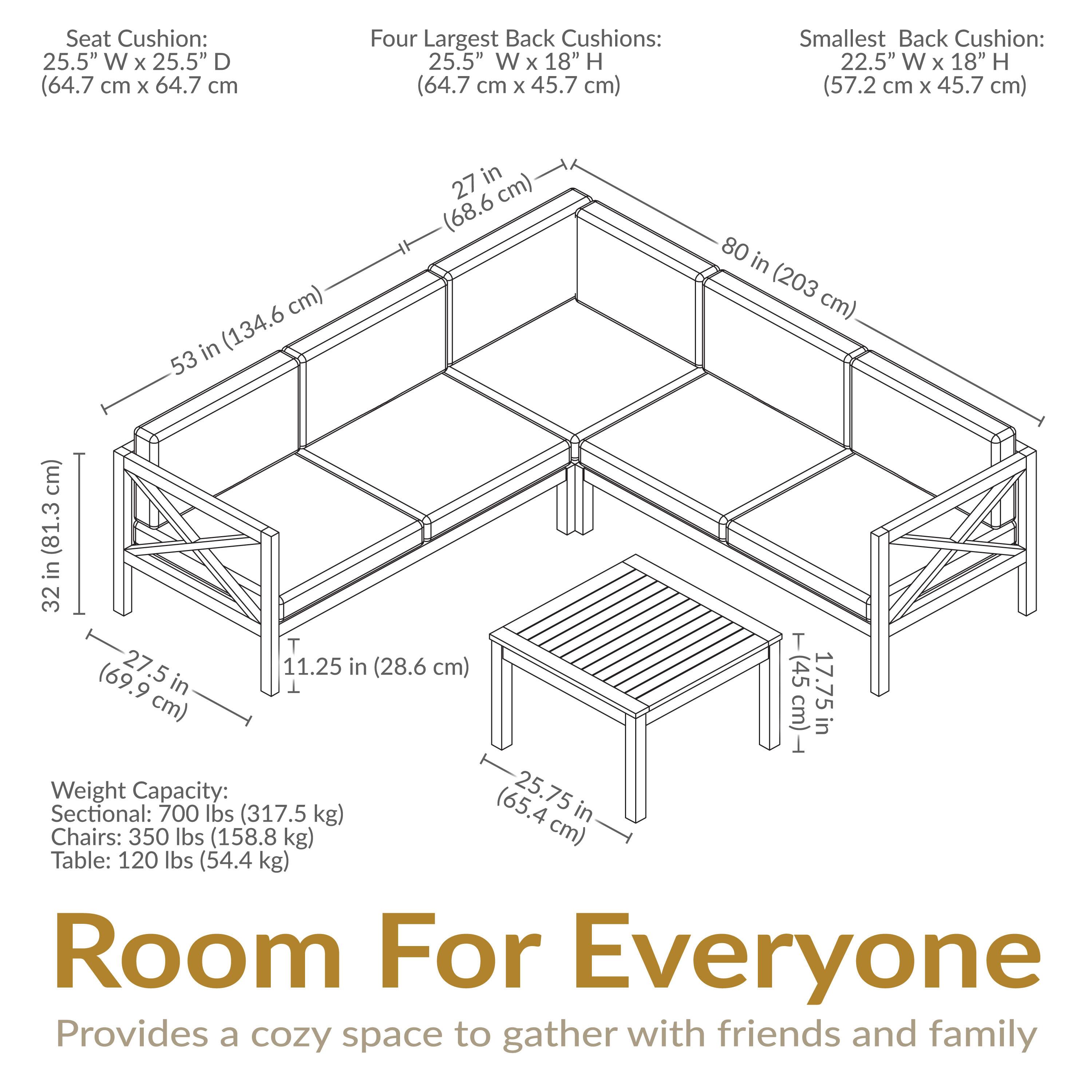 Seat Cushion: 25.5" W x 25.5" D (64.7 cm x 64.7 cm)  
Four Largest Back Cushions: 25.5" W x 18" H (64.7 cm x 45.7 cm)  
Smallest Back Cushion: 22.5" W x 18" H (57.2 cm x 45.7 cm)  

Dimensions:  
- 80 in (203 cm)  
- 53 in (134.6 cm)  
- 32 in (81.3 cm)  
- 27 in (68.6 cm)  
- 27.5 in (69.9 cm)  
- 11.25 in (28.6 cm)  
- 177.5 in (455 cm)  
- 75 in (190.5 cm)  

Weight Capacity:  
- Sectional: 700 lbs (317.5 kg)  
- Chairs: 350 lbs (158.8 kg)  
