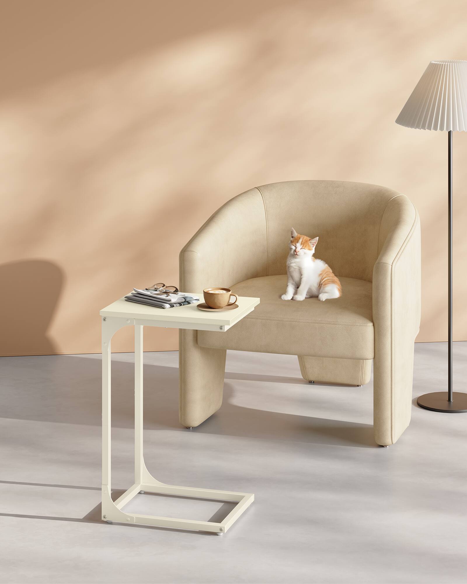 Angle. Songmics Home - C-Shaped Side Table, Bedside Table, Sofa Side Table, Coffee Table, with Metal Frame, Industrial - Cream White.