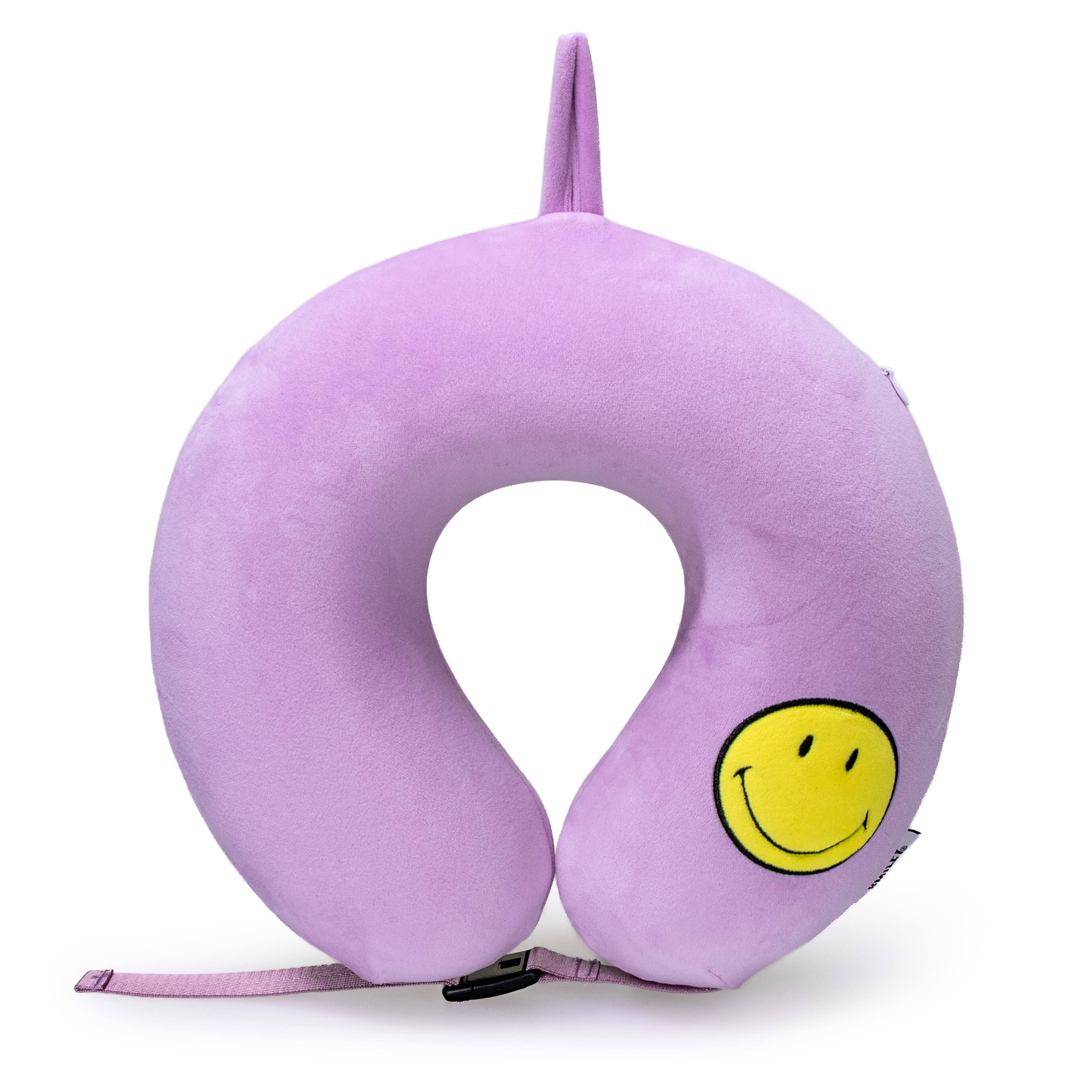 Front. Smiley World - SMILEY Purple Smiley Patch Marshmallow Memory Foam Travel Pillow - Purple.