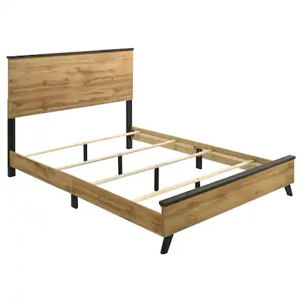 Front. Manhattan Lane - Wemy Full Size Bed, Tall Panel Headboard, Natural Brown Pine Finish - Brown, Black.