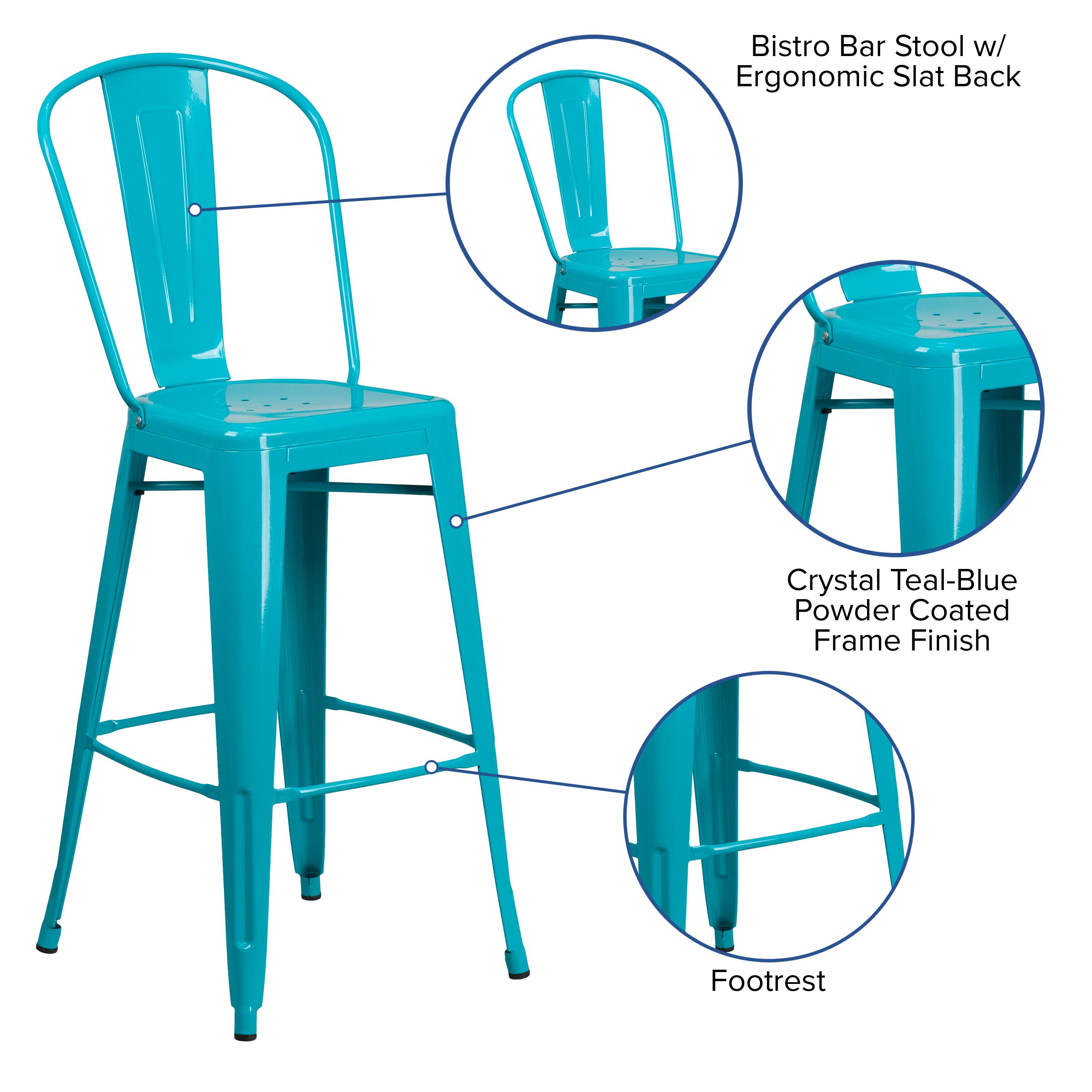 Bistro Bar Stool w/ Ergonomic Slat Back  
Crystal Teal-Blue Powder Coated Frame Finish  
Footrest