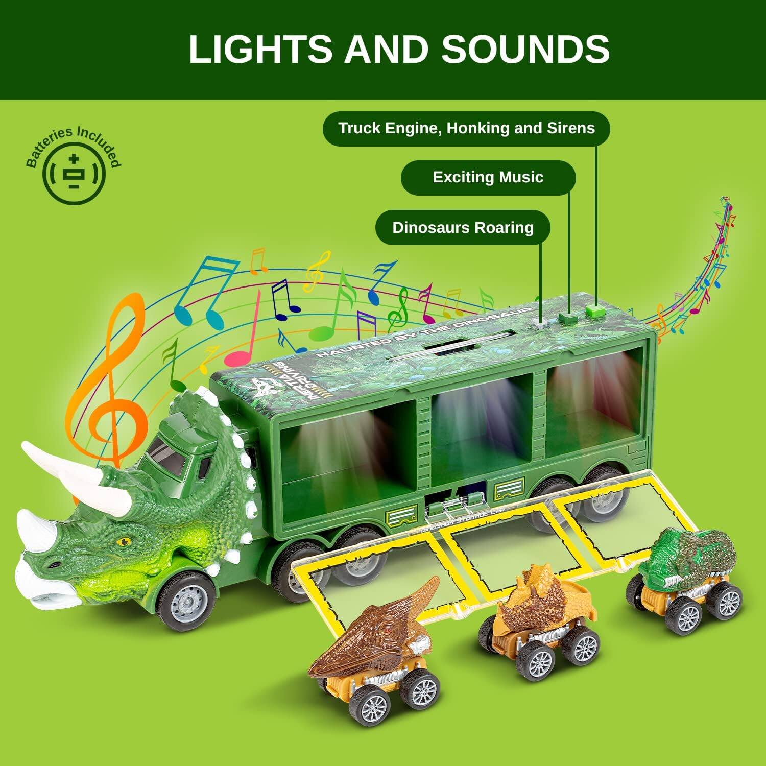LIGHTS AND SOUNDS
Batteries Included
Truck Engine, Honking and Sirens
Exciting Music
Dinosaurs Roaring