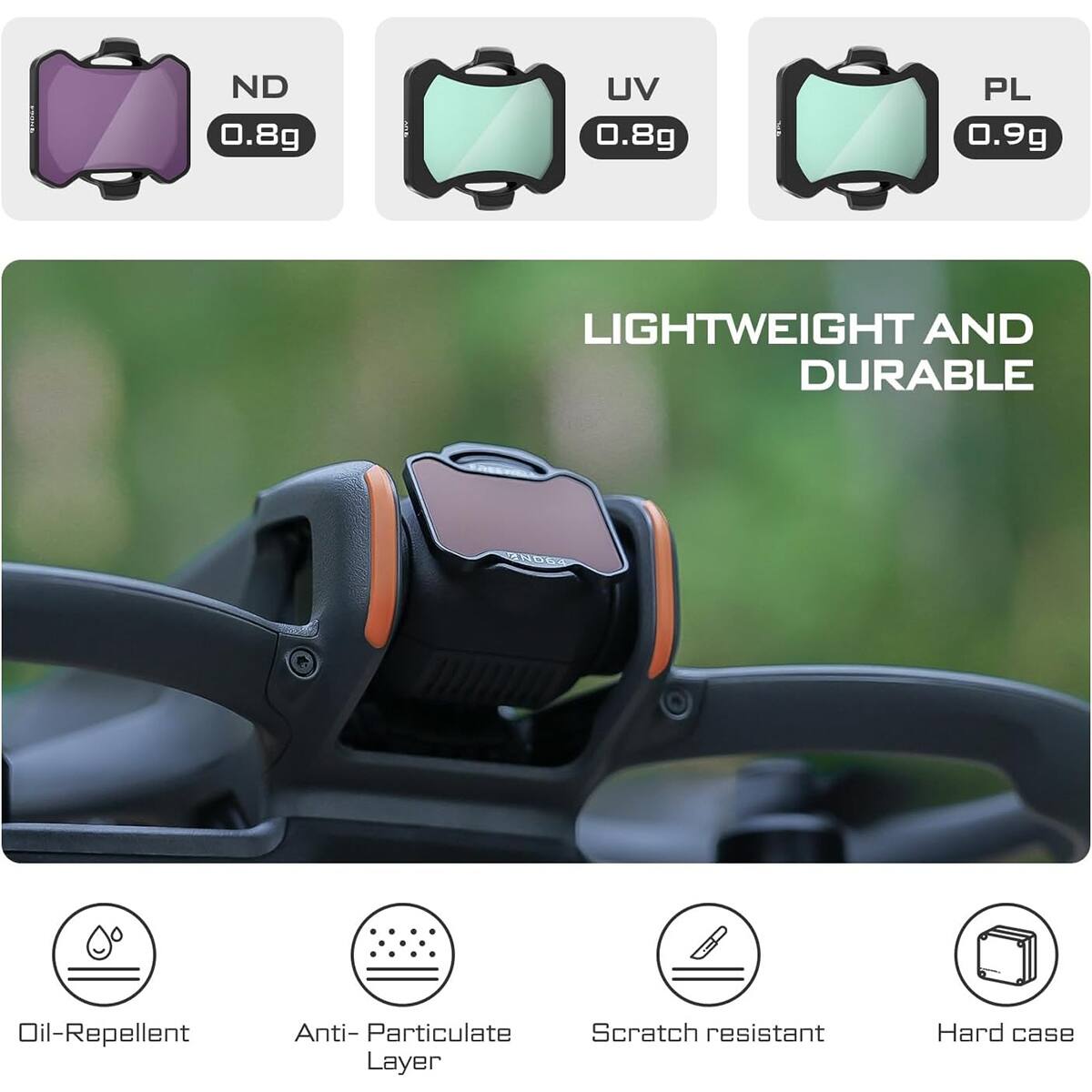 ND 0.8g UV 0.8g PL 0.9g

LIGHTWEIGHT AND DURABLE

Oil-Repellent Anti-Particulate Layer Scratch resistant Hard case