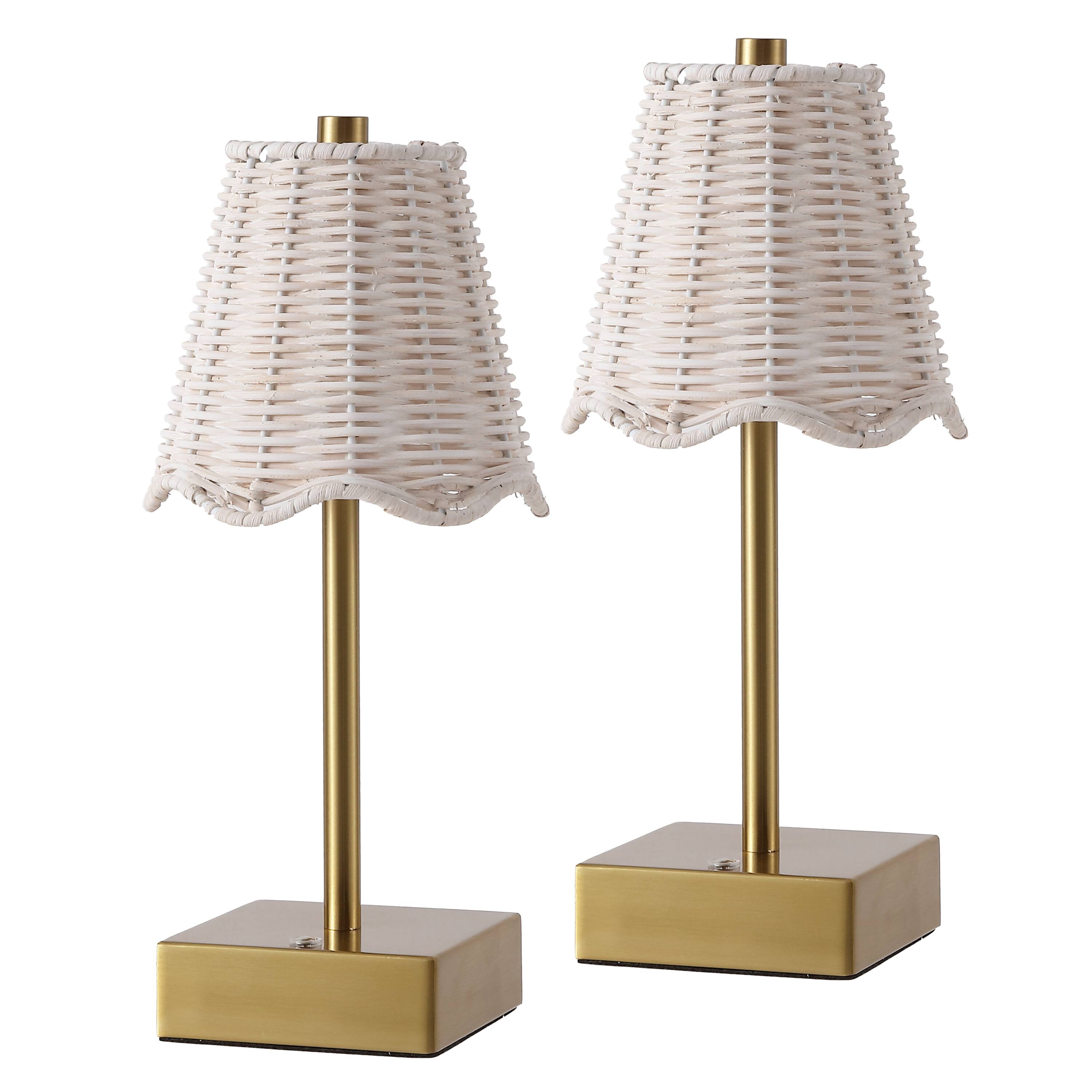Alt View 7. Jonathan Y - Willow 11" Coastal Bohemian Cordless Rechargeable Table Lamp Set of 2, Brass Gold with White Rattan Shade, Touch Dimmer - Brass Gold.