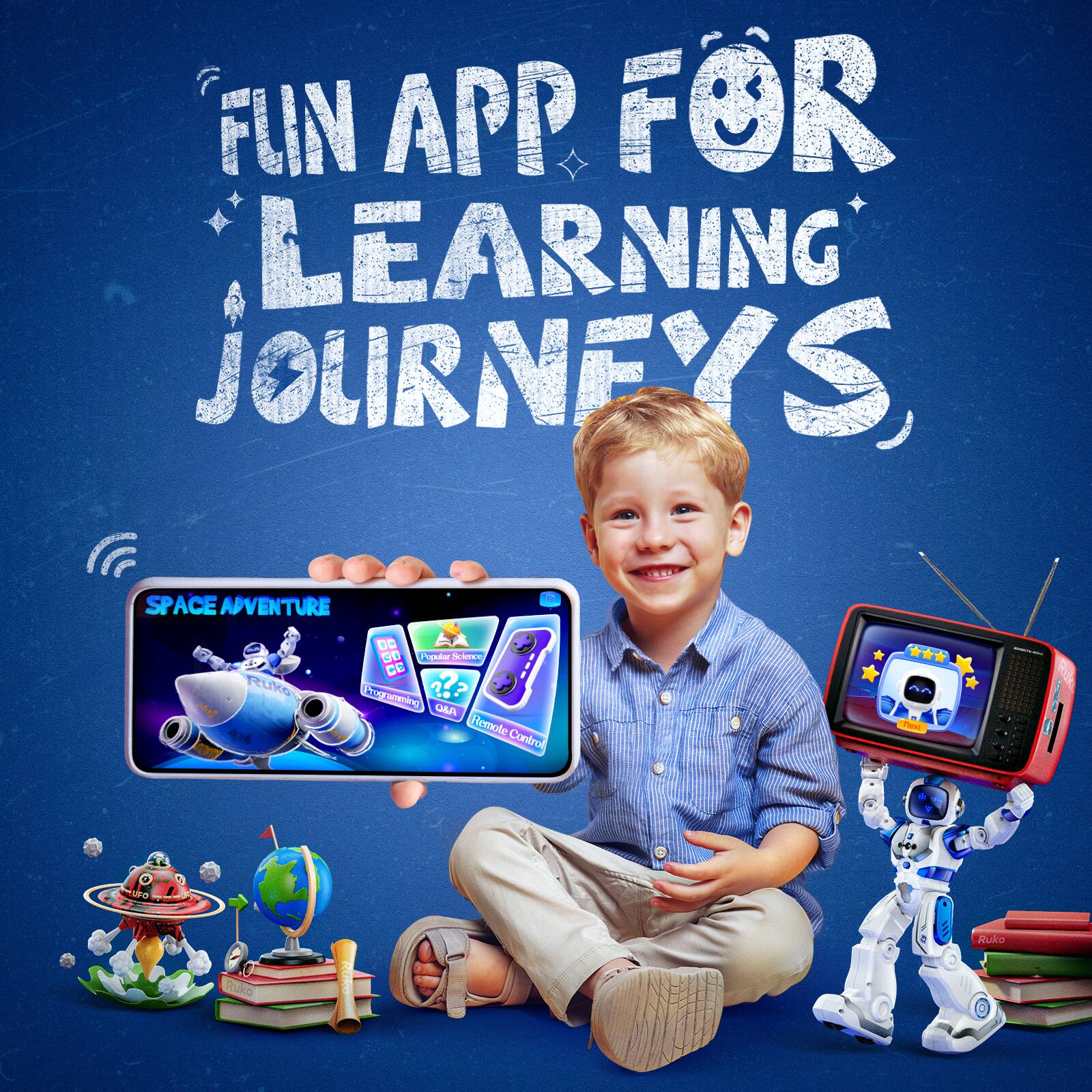FUN APP FOR LEARNING JOURNEYS  
SPACE ADVENTURE - RUKO  

- Popular Science  
- Programming  
- Q&A  
- Remote Control