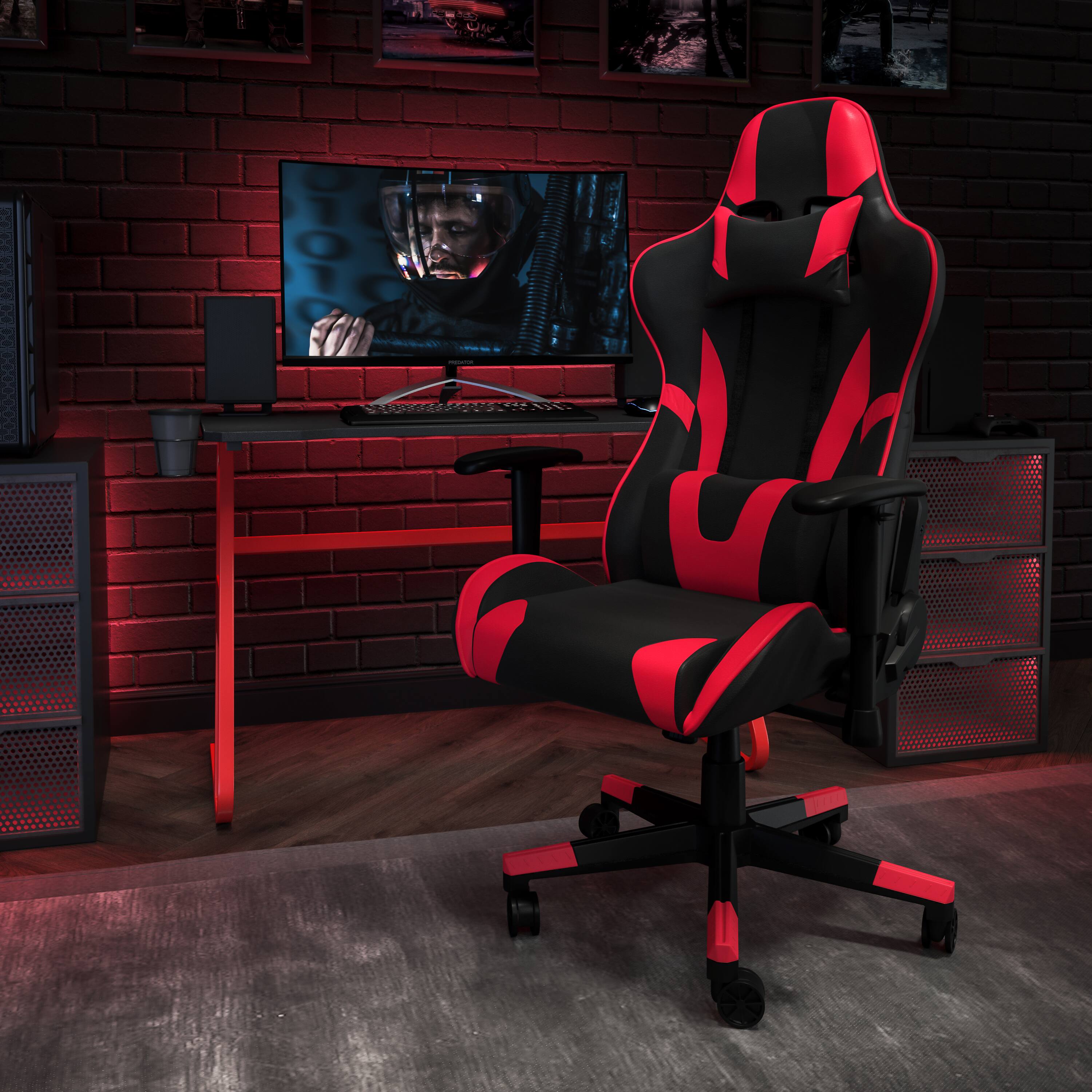 Alt View 1. Emma + Oliver - Desk Bundle-Gaming Desk, Cup Holder, Headphone Hook and Reclining Chair - Red.