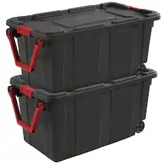Front. Sterilite - Sterilite 40 Gal Wheeled Industrial Tote Stackable Bin with Latch Lid, 2 Pack - Black.