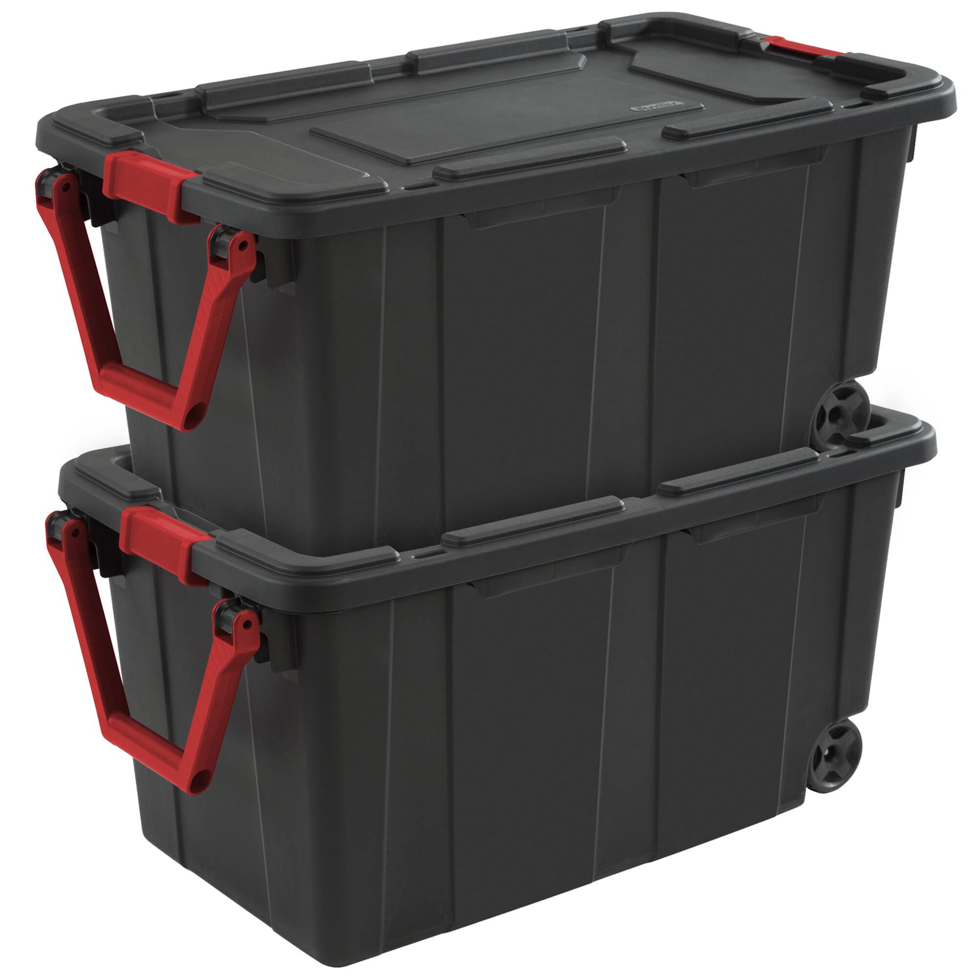 Sterilite - 40 Gal Wheeled Industrial Tote Stackable Bin with Latch Lid, 2 Pack - Black