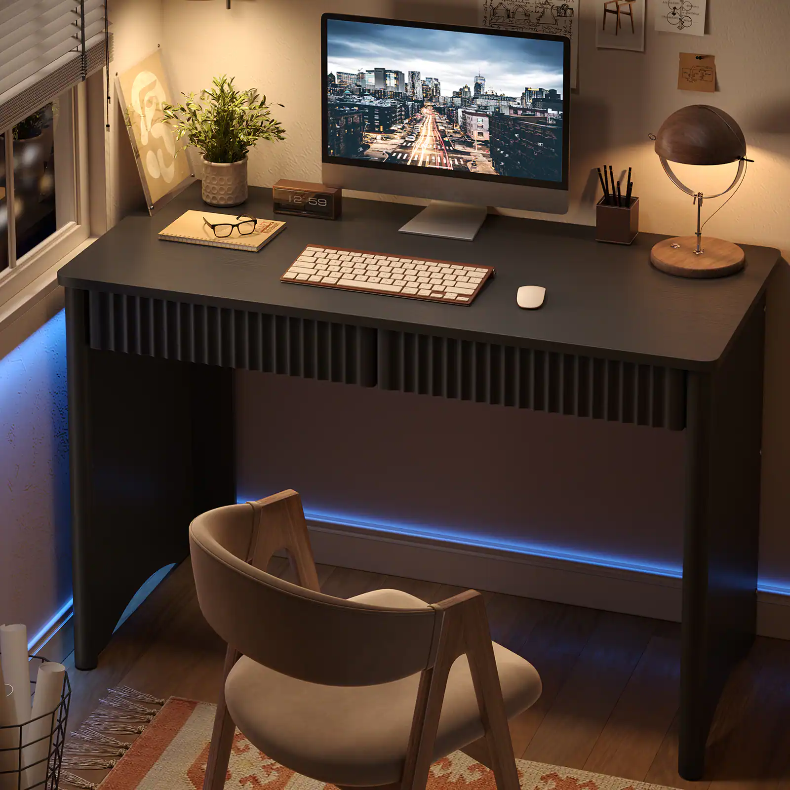 Left. Bestier - 47 inch Home Office Desk with Drawers, Compact Computer Desk with Storage, Modern Office Desk for Home Workspace - Black.