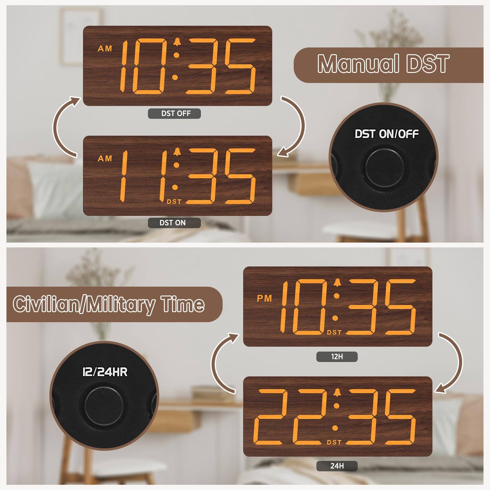 Manual DST  
DST ON/OFF  

Civilian/Military Time  
12/24HR  

AM 10:35  
DST OFF  

AM 11:35  
DST ON  

PM 10:35  
12H  

22:35  
24H