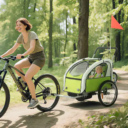 Front. Resenkos - 2-Seat 360° Swivel Child Bike Trailer, Bicycle Cargo Cart with Water-Resistant Windows, Green and White.