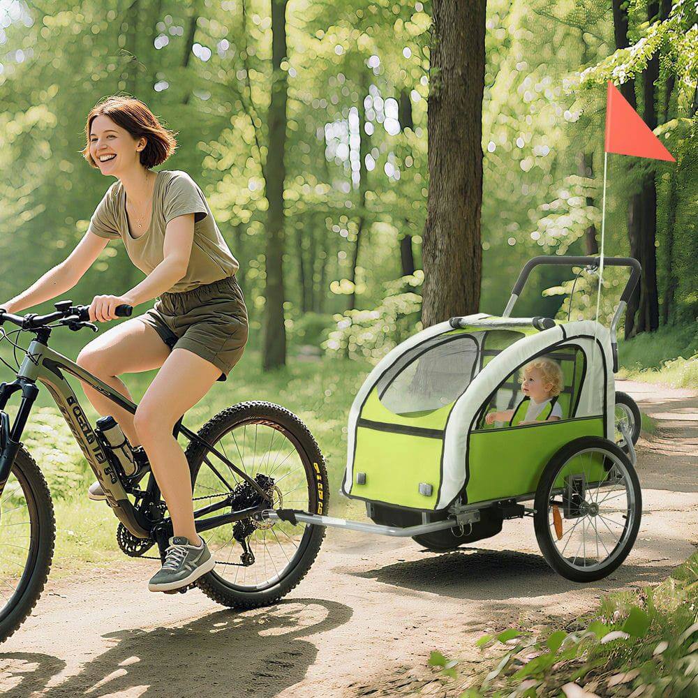 Front. Resenkos - 2-Seat 360° Swivel Child Bike Trailer, Bicycle Cargo Cart with Water-Resistant Windows, Green and White.