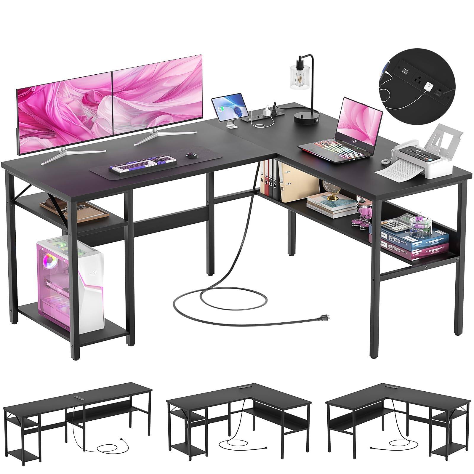 Front. Hirose Alice - Reversible L Shaped Gaming Desk with Power Outlets and USB Charging Ports, Sturdy Computer Desk with Storag... - Black L Shaped Desk.
