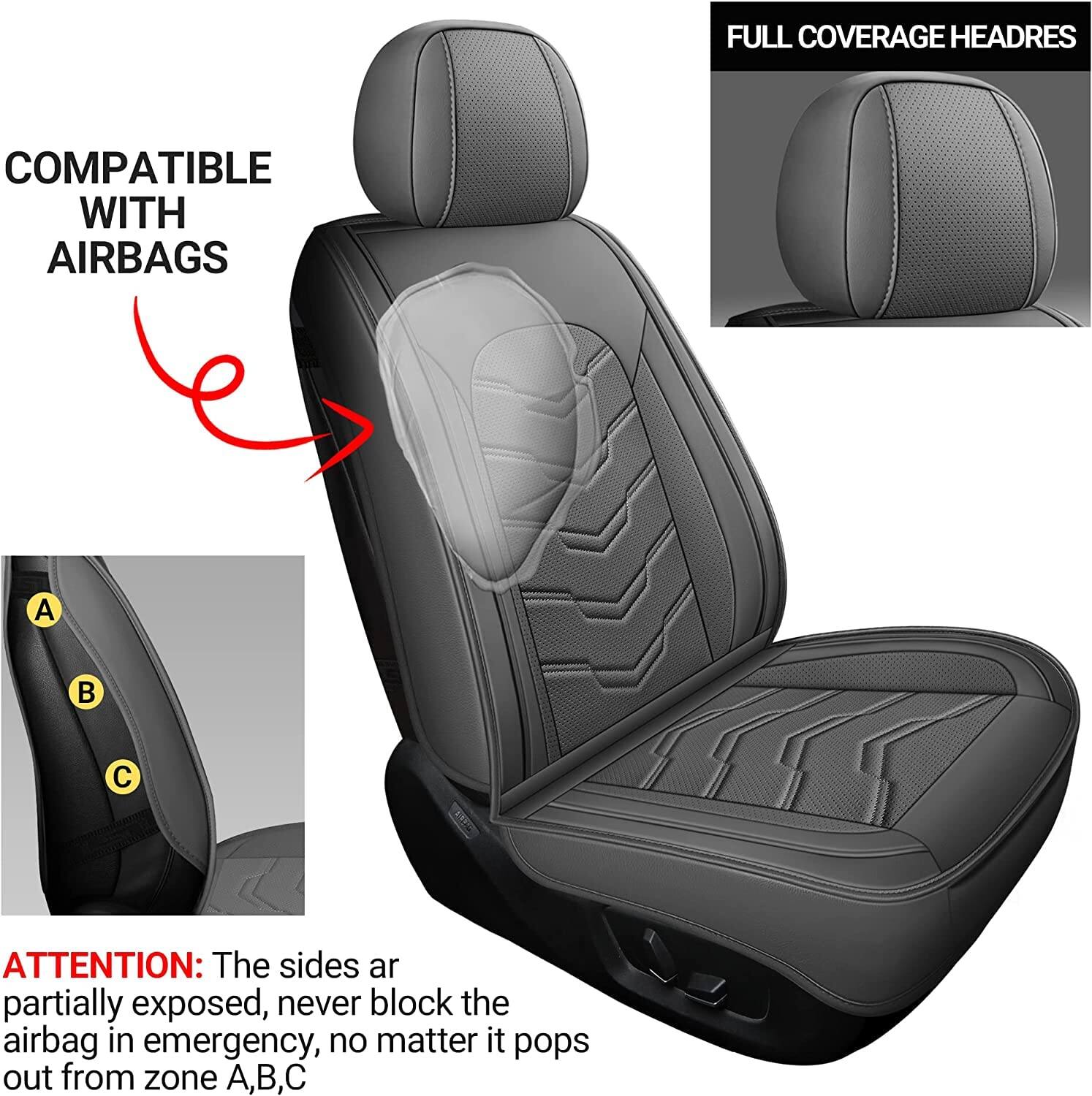 **COMPATIBLE WITH AIRBAGS**

**FULL COVERAGE HEADRESTS**

**ATTENTION:** The sides are partially exposed, never block the airbag in emergency, no matter it pops out from zone A, B, C

- A
- B
- C