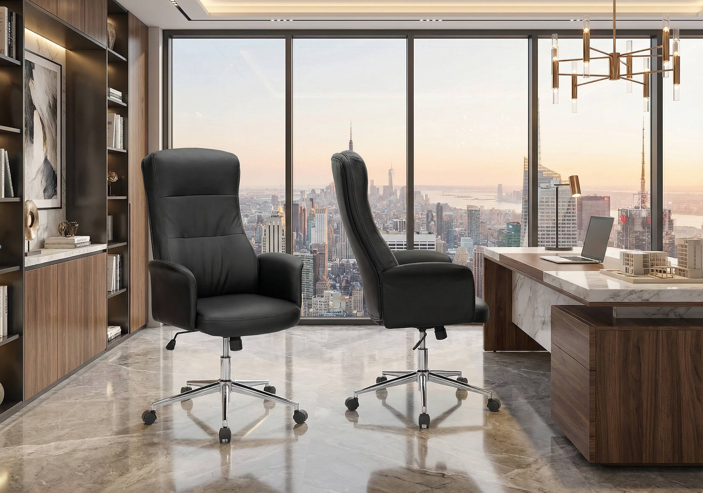 Left. Forest'nSky - Ergonomic Office Chair with Adjustable Height, Armrests & 360° Swivel - Modern Black Leather Look & Chrome Metal Base - Black.