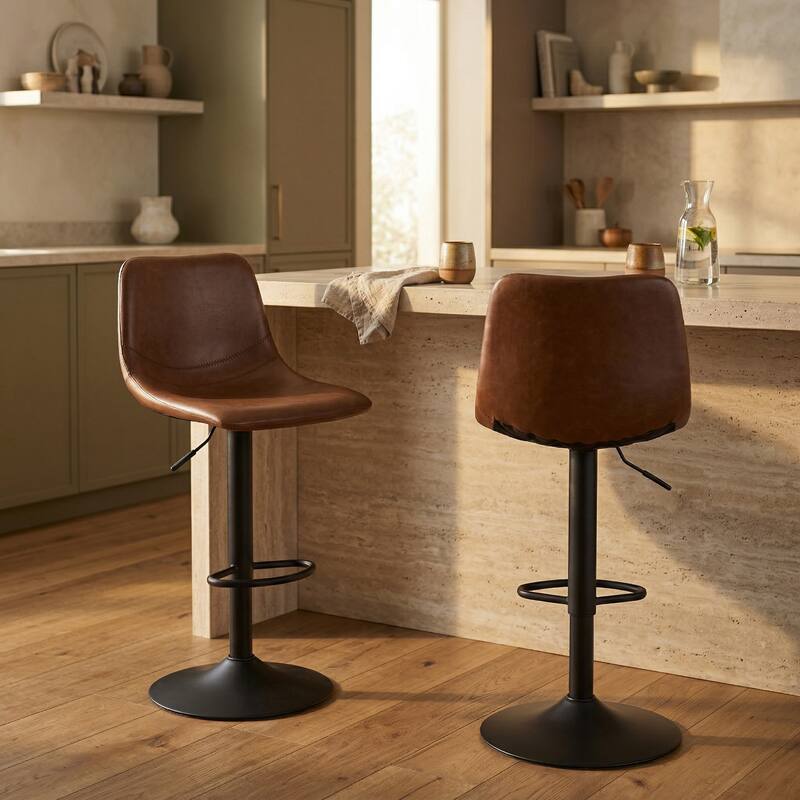 Alt View 2. LeisureMod - Tilbury Modern Adjustable Bar Stool with Footrest, 360-Degree Swivel Hydraulic Counter Height Stool Set of 2 - Light Brown.