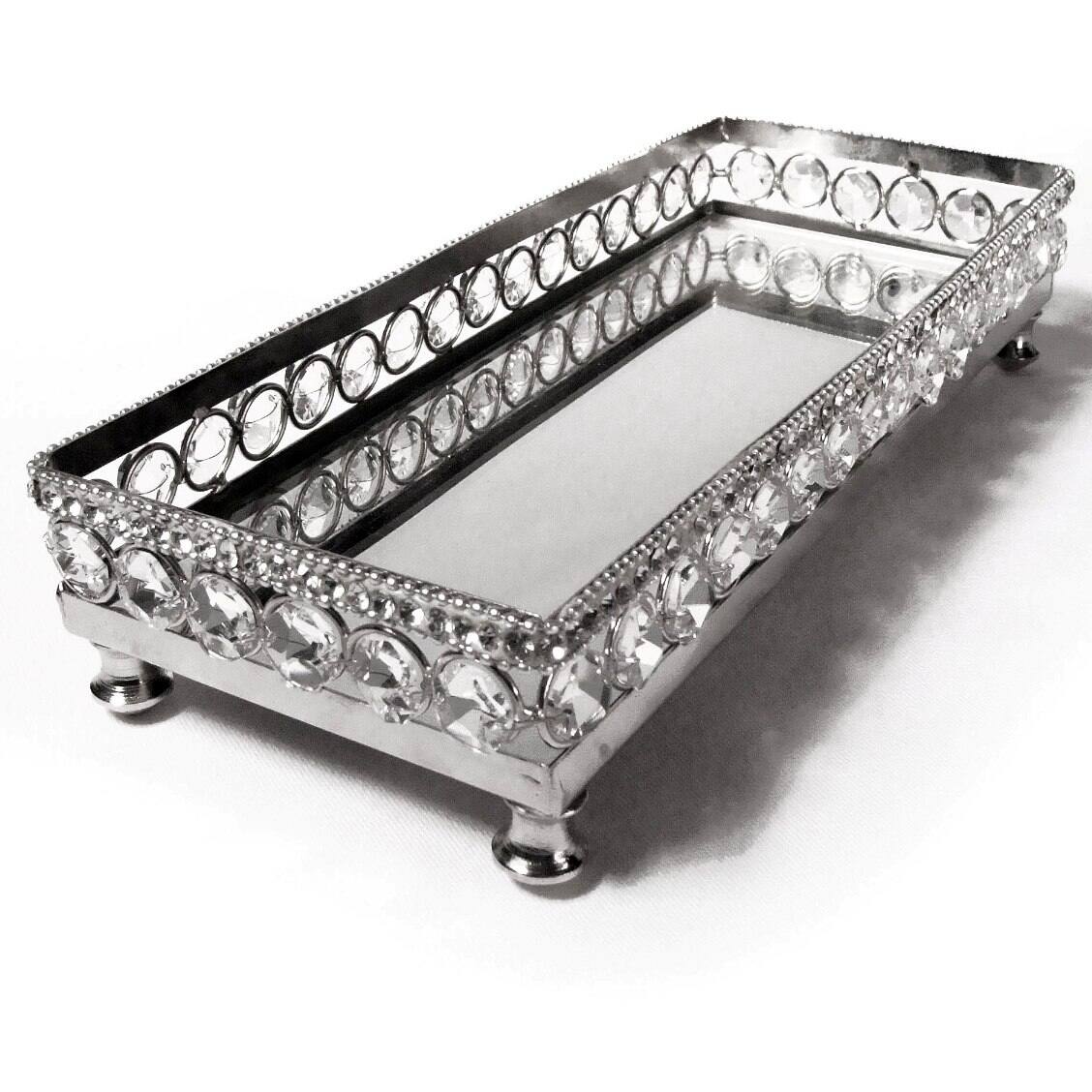 Left. Jiallo - Elegance Sparkle Vanity Mirror Tray with Beaded Crystals 10.875x4.25" - Silver, Multi Color.