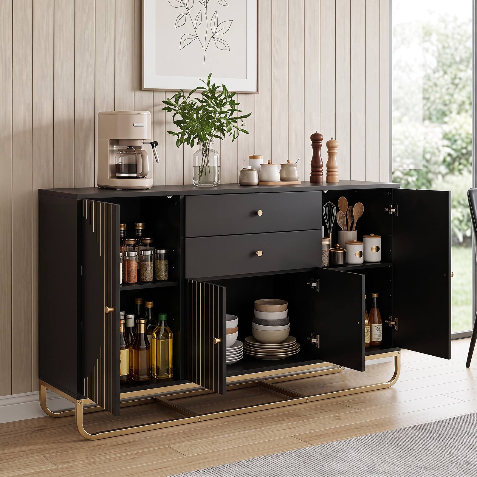 Alt View 4. Costway - Costway Buffet Sideboard Cabinet with 2 Drawers Geometric Design 5-Level Adjustable Shelves - Black.