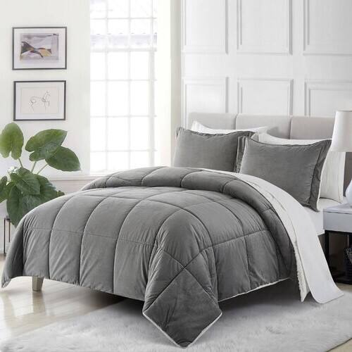 Angle. Hivvago - King Plush Microfiber Reversible Comforter Set in Grey - Grey.