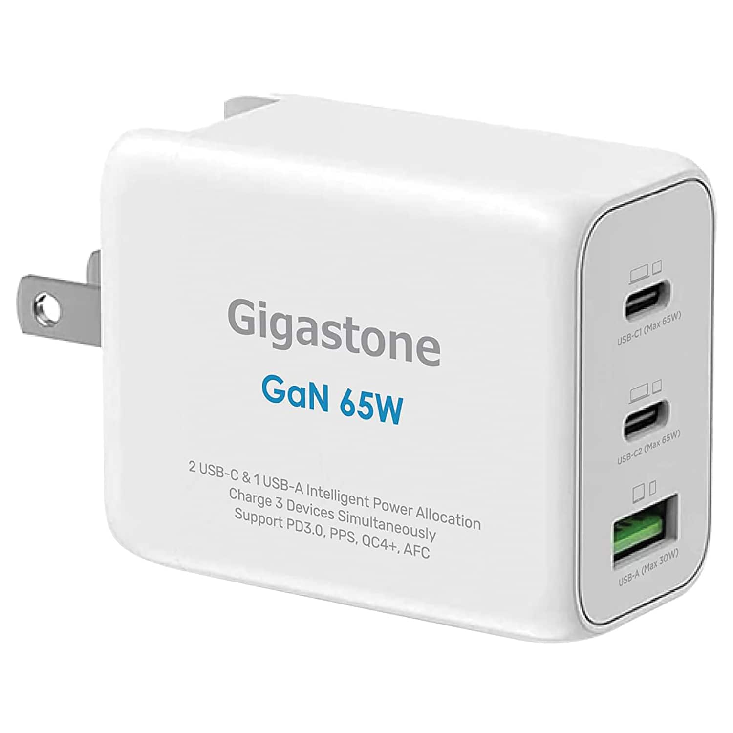 GIGASTONE - 65-Watt PD 3.0 3-Port GaN Fast Charging USB Adapter - White