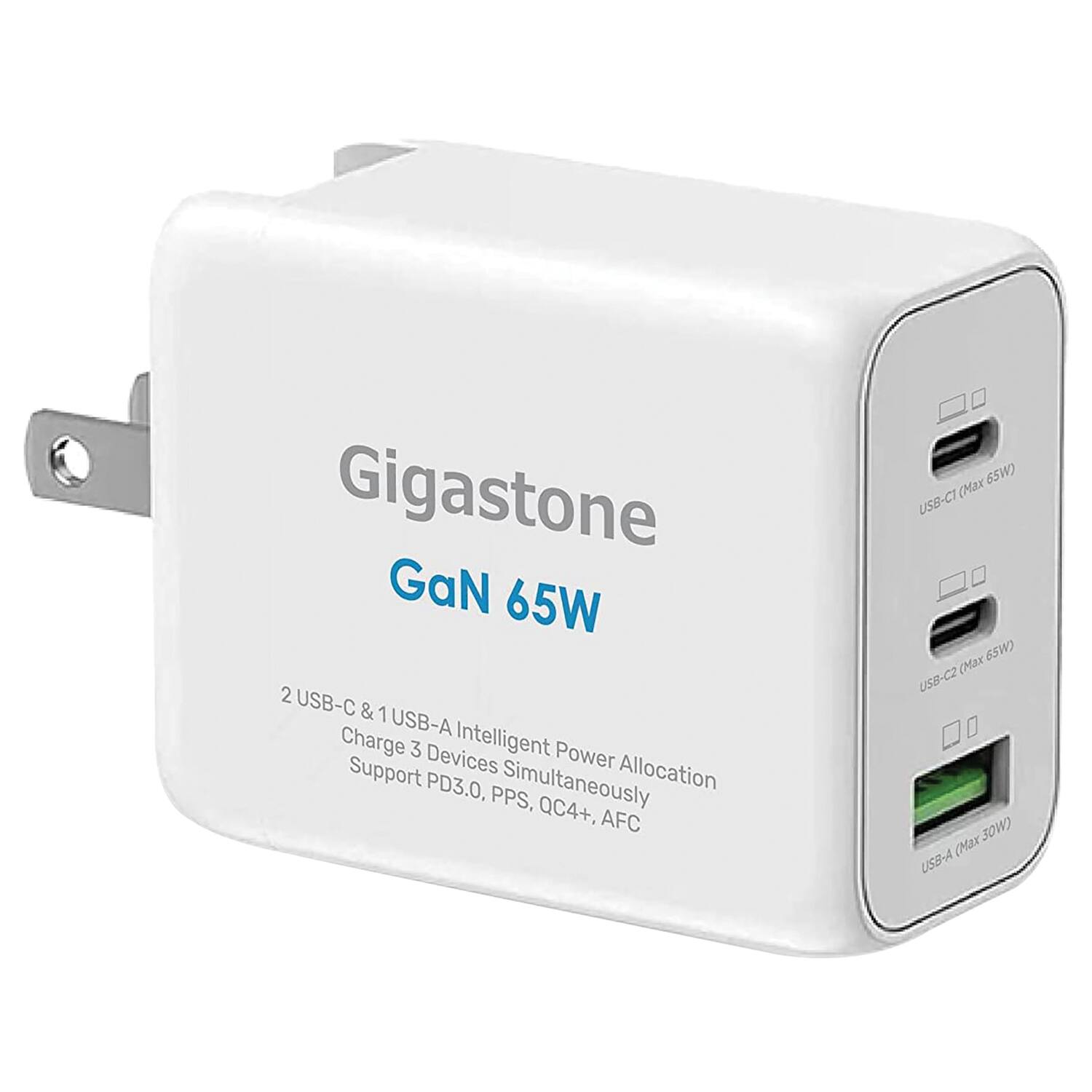 Gigastone GaN 65W

2 USB-C & 1 USB-A Intelligent Power Allocation
Charge 3 Devices Simultaneously
Support PD3.0, PPS, QC4+, AFC

USB-C1 (Max 65W)
USB-C2 (Max 65W)
USB-A (Max 30W)