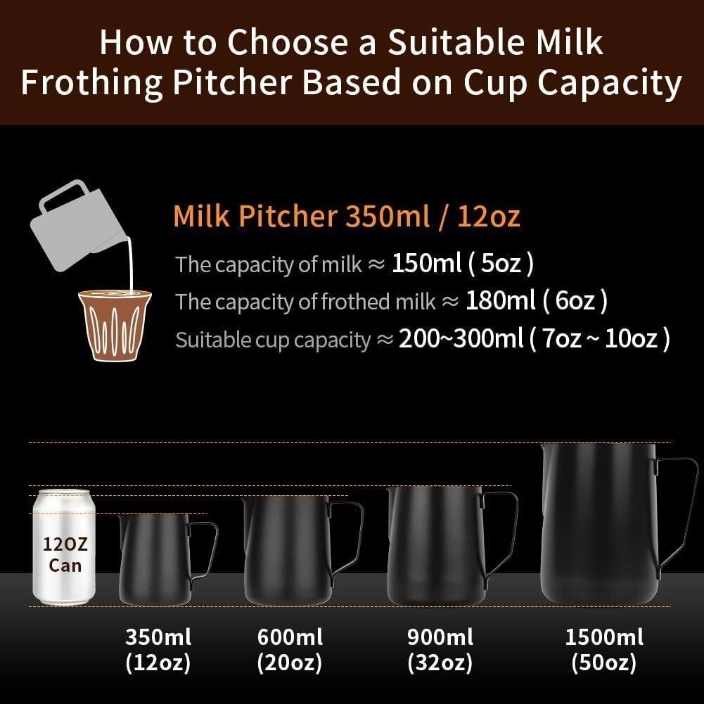 How to Choose a Suitable Milk Frothing Pitcher Based on Cup Capacity

Milk Pitcher 350ml / 12oz

- The capacity of milk ≈ 150ml (5oz)
- The capacity of frothed milk ≈ 180ml (6oz)
- Suitable cup capacity ≈ 200~300ml (7oz ~ 10oz)

12OZ Can

- 350ml (12oz)
- 600ml (20oz)
- 900ml (32oz)
- 1500ml (50oz)