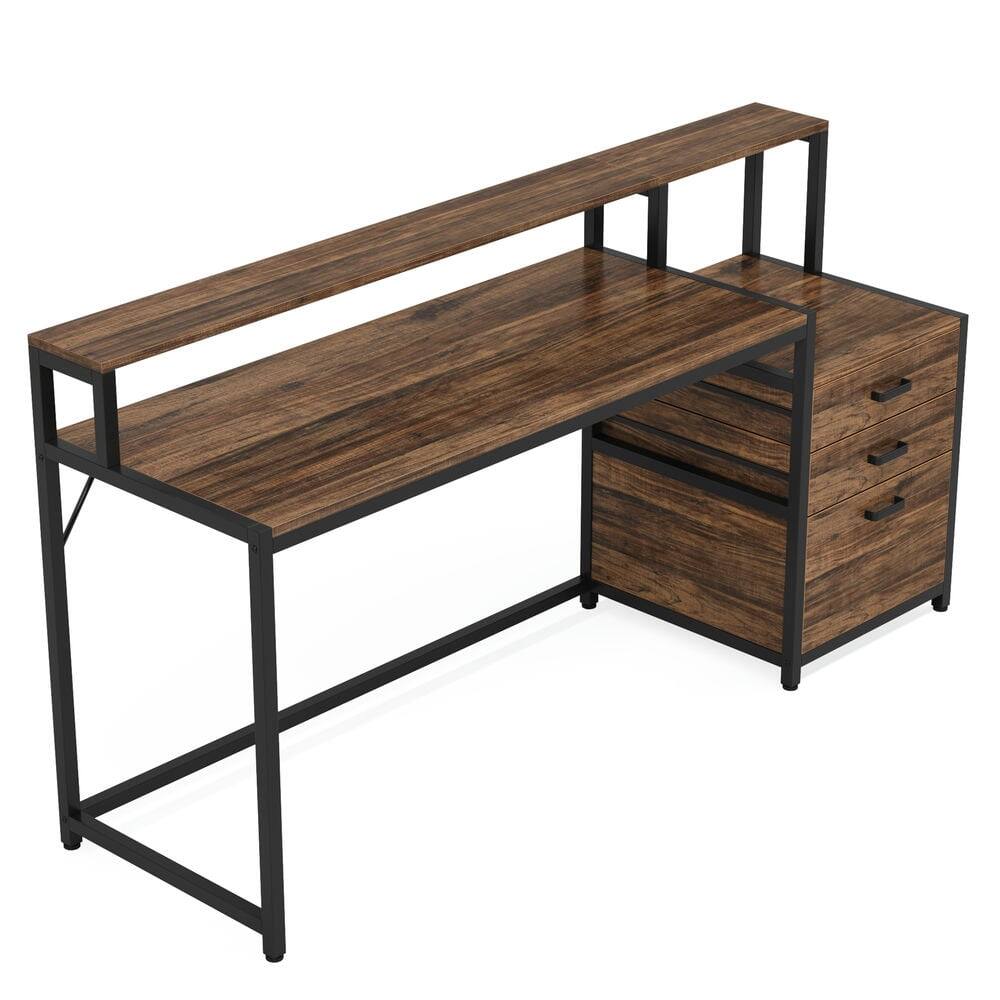 Back. Resenkos - Kadyn Study Writing Desk,63" Computer Desk, Ergonomic Office Desk with Drawers & Monitor Stand,Rustic Brown - Brown.