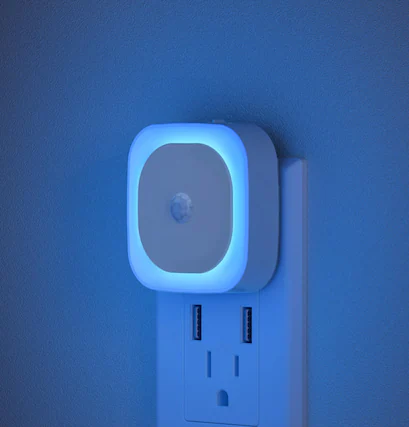 Front. Dazzed Corner - 2 Pack Dimmable Plug-in Night Light with Motion & Dusk to Dawn Sensor, Auto ON/Off - Light Blue.