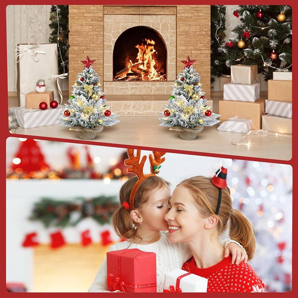 Angle. RTMB - 2ft Pre-Lit Snowy Tabletop Christmas Tree with LED Lights, Flocked Pine, Burlap Base for Indoor Home Decor - White.