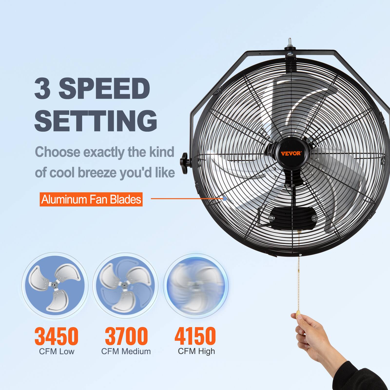 3 SPEED SETTING, Choose exactly the kind of cool breeze you'd like, VEVOR Aluminum Fan Blades, 3450 CFM Low, 3700 CFM Medium, 4150 CFM High.