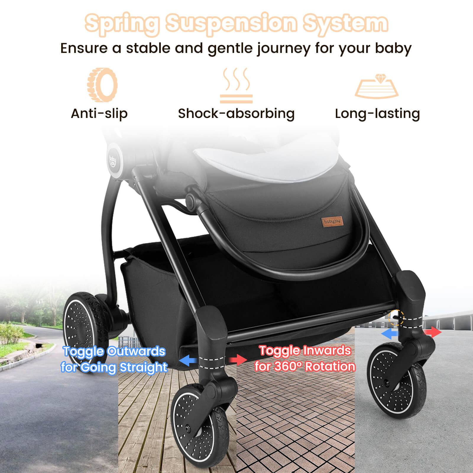 Spring Suspension System  
Ensure a stable and gentle journey for your baby  

Anti-slip  
Shock-absorbing  
Long-lasting  

Toggle Outwards for Going Straight  
Toggle Inwards for 360° Rotation