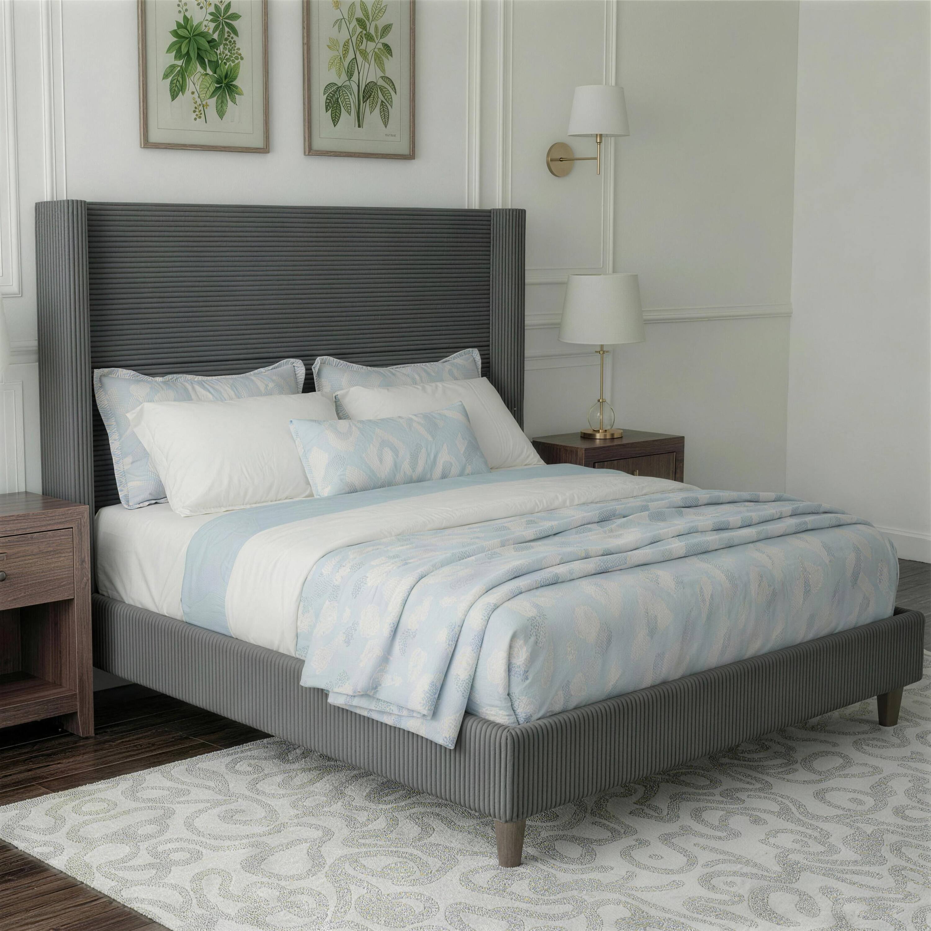 Left. Dyonery - Queen Bed Frame, Upholstered Platform Bed, Adjustable Vertical Channel Tufted Headboard, Corduroy Fabric. - Gray.