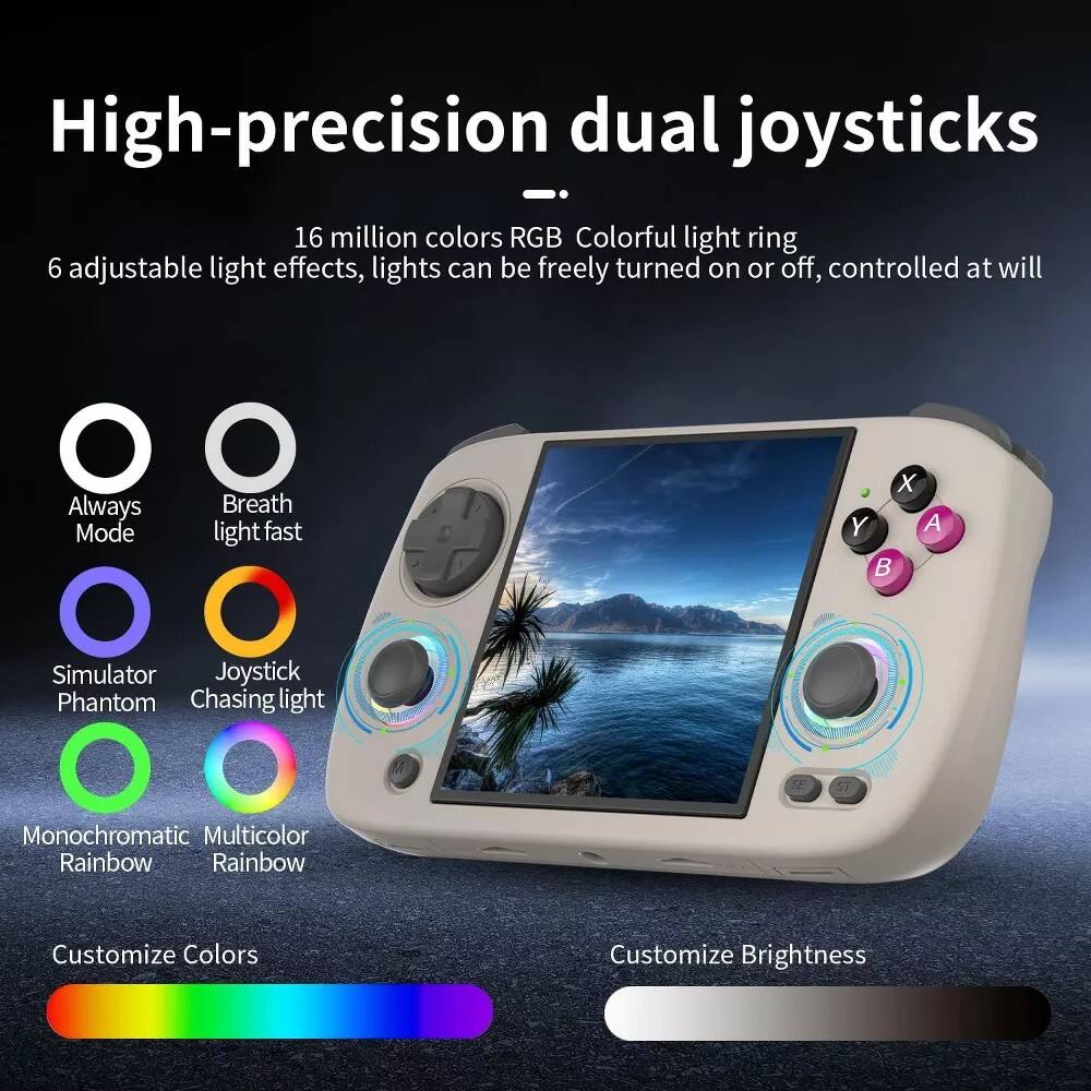 High-precision dual joysticks, 16 million colors RGB Colorful light ring, 6 adjustable light effects, lights can be freely turned on or off, controlled at will. Always Mode, Breath light fast, Simulator Phantom, Joystick Chasing light, Monochromatic Rainbow, Multicolor Rainbow, Customize Colors, Customize Brightness.