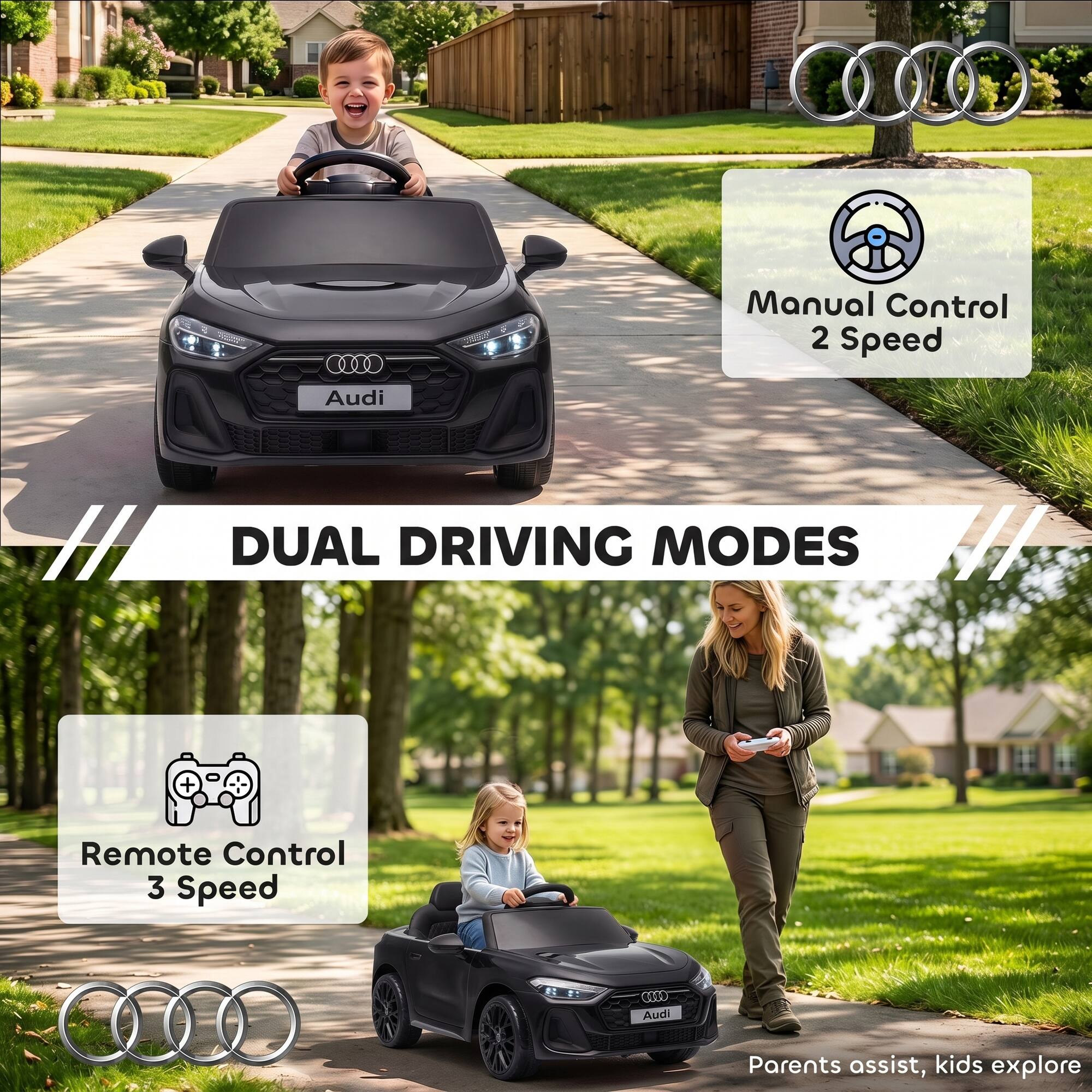 Manual Control 2 Speed  
Audi  
DUAL DRIVING MODES  
Remote Control 3 Speed  
Audi  
Parents assist, kids explore