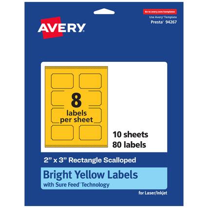 Go to avery.com/templates
AVERY
Use Avery Template Presta* 94267
8 labels per sheet
10 sheets
80 labels
2" x 3" Rectangle Scalloped
Bright Yellow Labels with Sure Feed Technology for Laser/Inkjet